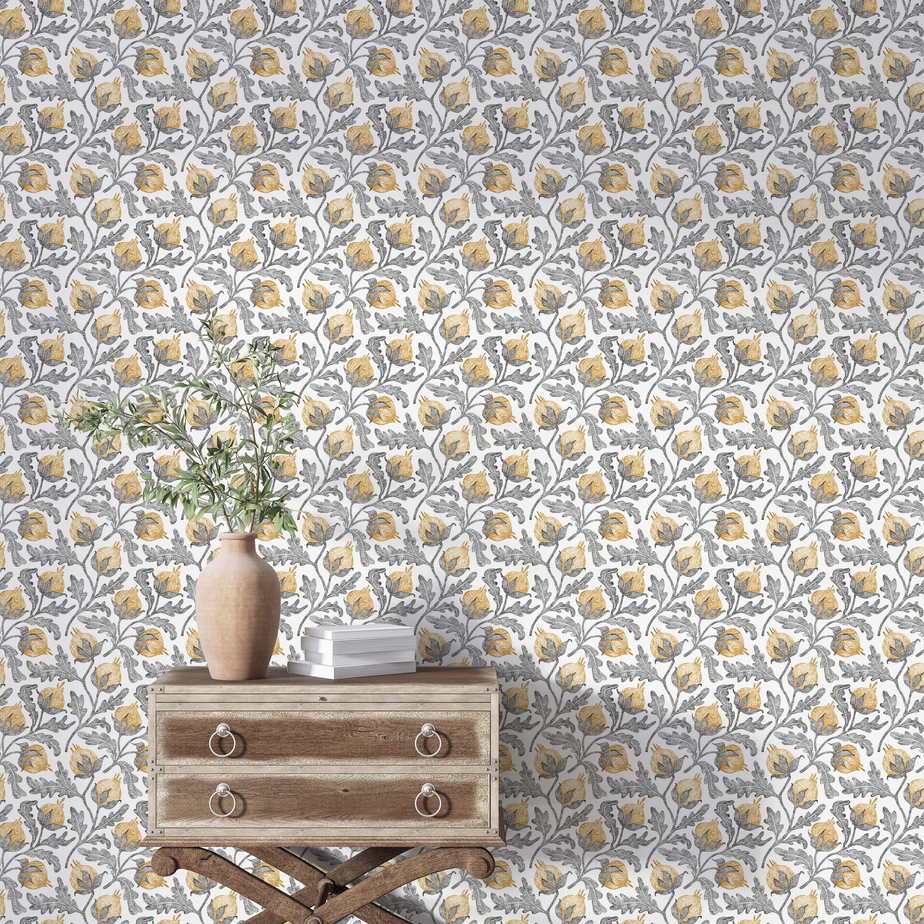 A botanical wallpaper with a sketched pattern of golden yellow flower buds and gray leaves on a white background.