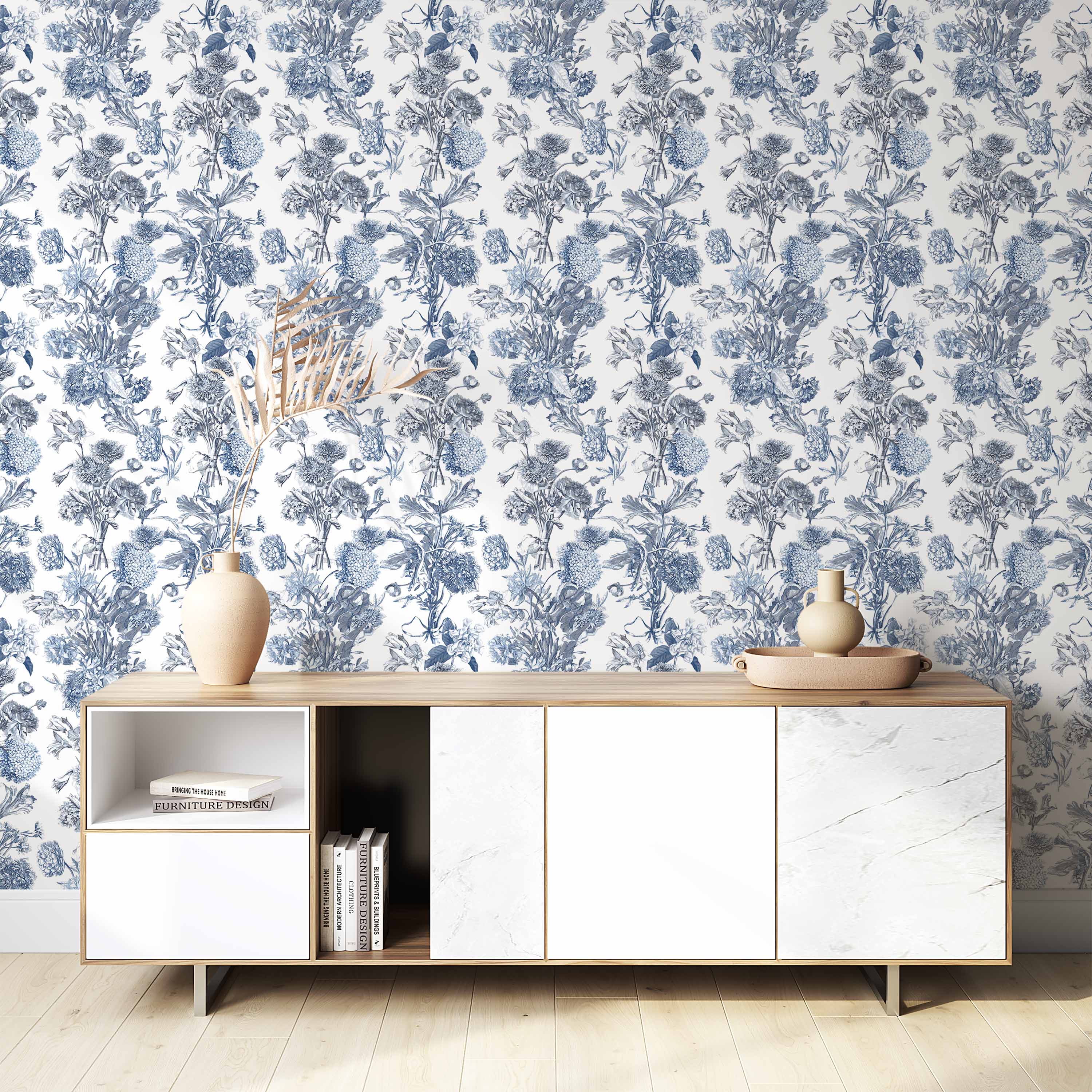 Vintage floral wallpaper featuring repeating bouquets illustrated in shades of blue on a white background.