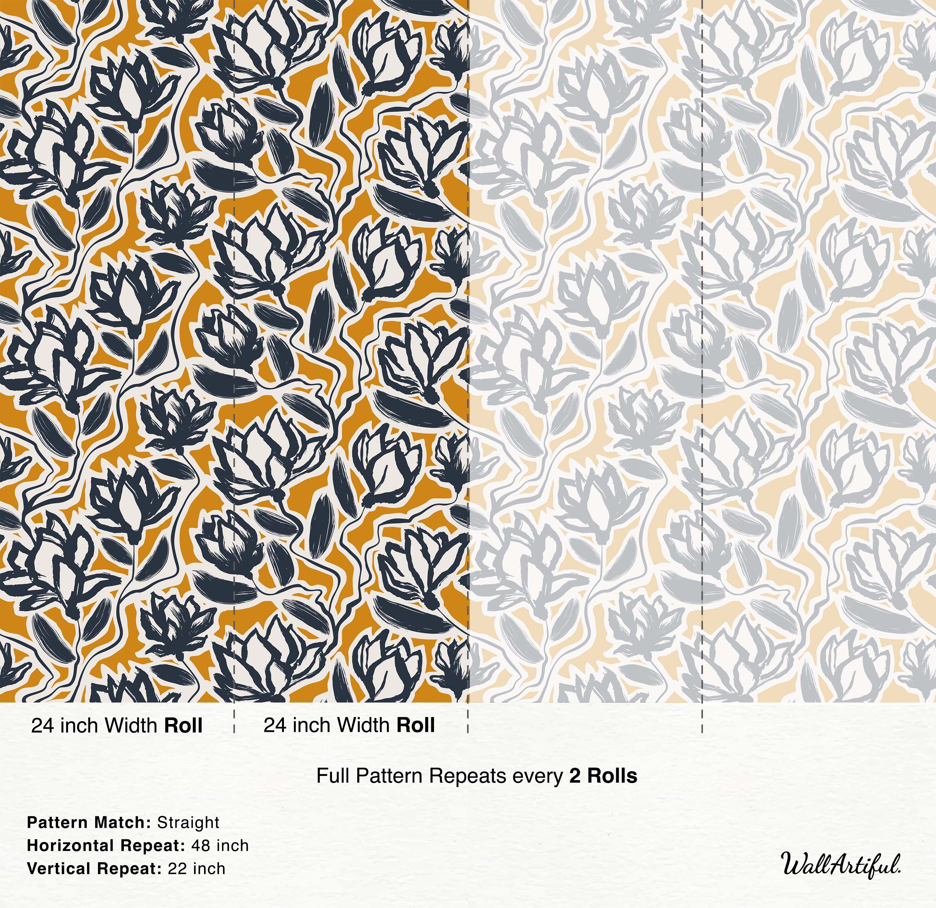 A painterly wallpaper with stylized navy blue and white flowers with visible brushstrokes, set against a mustard yellow background.