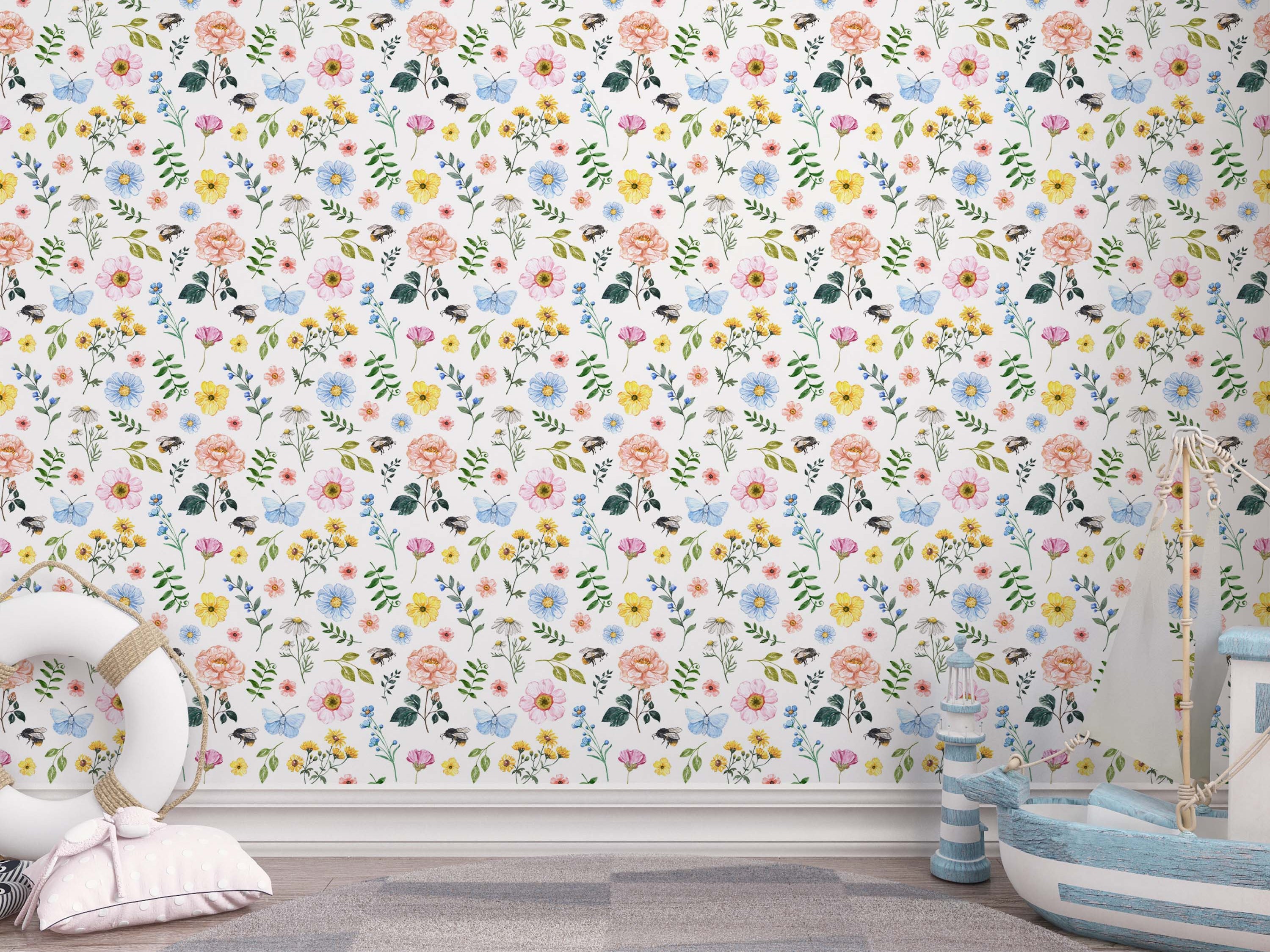 Watercolor floral wallpaper featuring pink, blue, yellow, and white flowers, green leaves, blue butterflies, and bees on white.