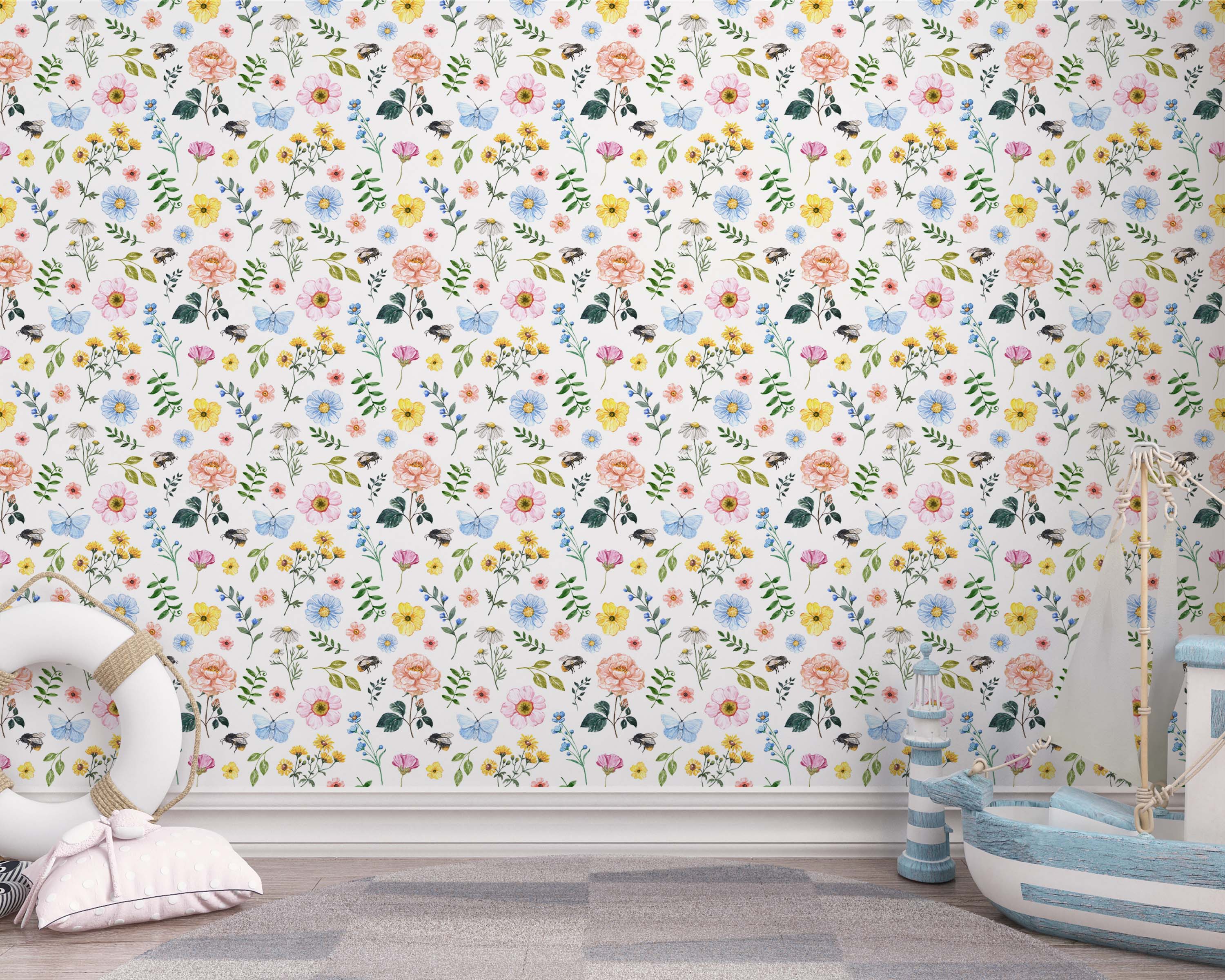 Watercolor floral wallpaper featuring pink, blue, yellow, and white flowers, green leaves, blue butterflies, and bees on white.