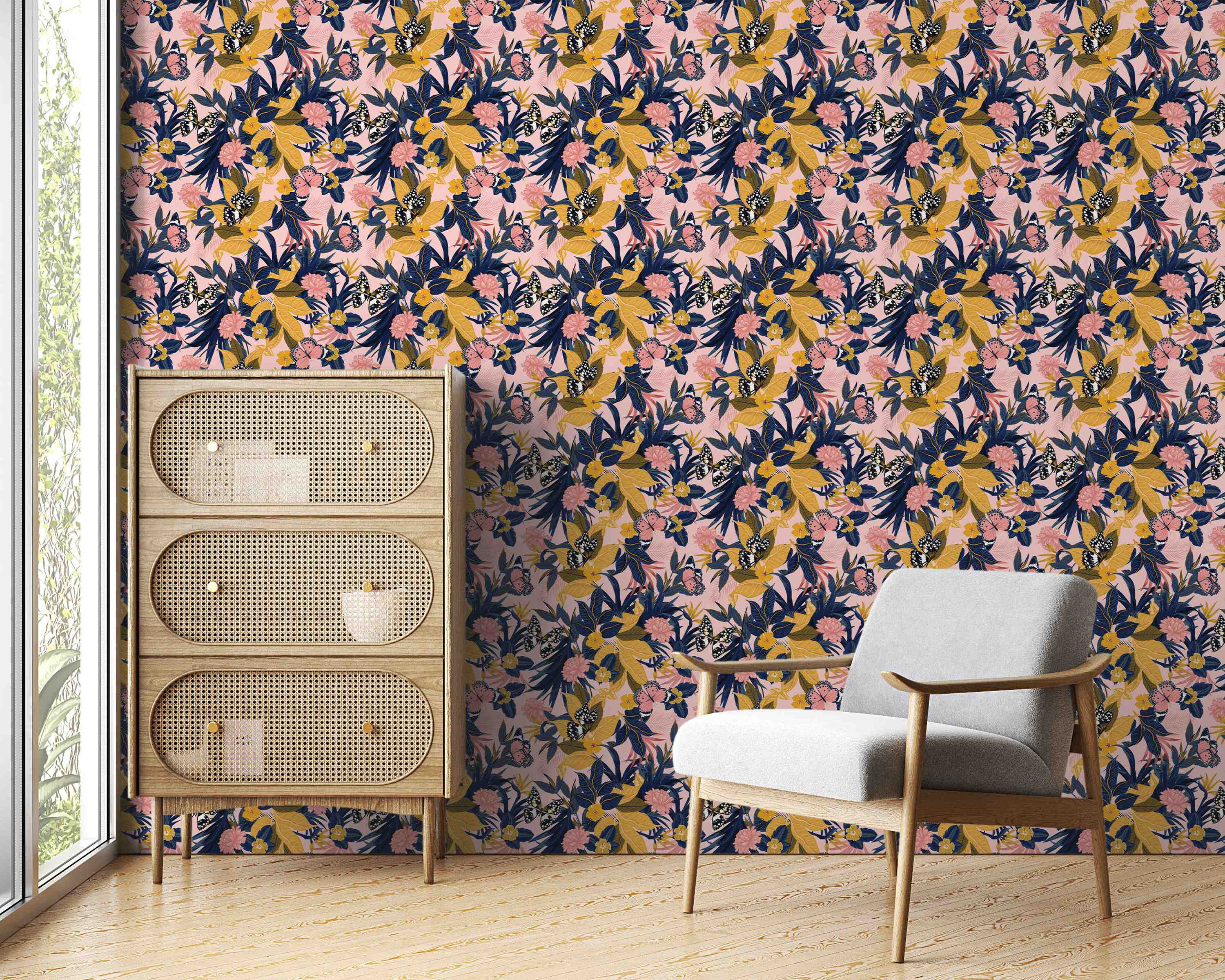 Botanical wallpaper with navy blue and gold leaves, pink flowers, and butterflies scattered across a light pink background.