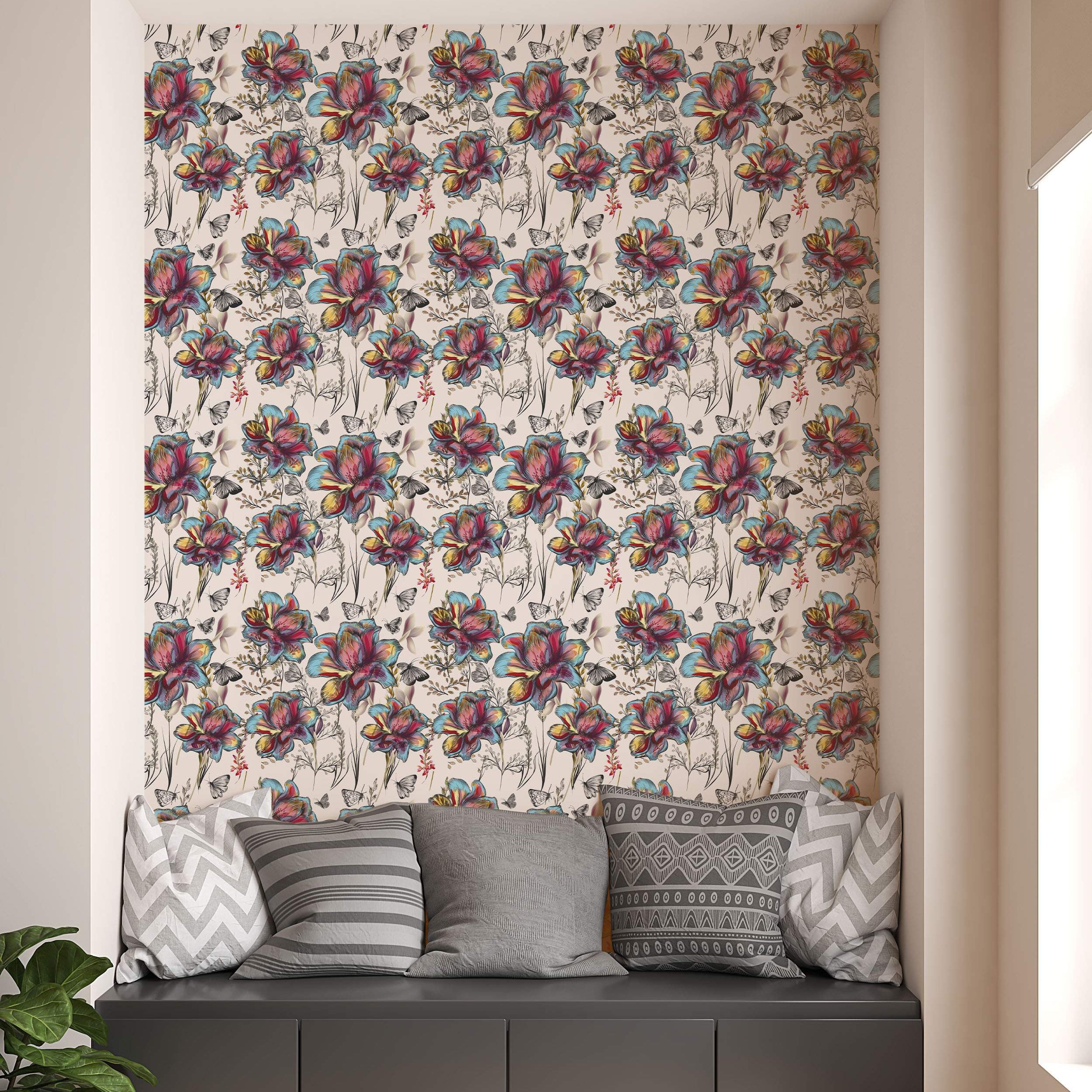 Wallpaper with a detailed pattern of colorful flowers (red, blue, yellow) and butterflies on a light beige background.