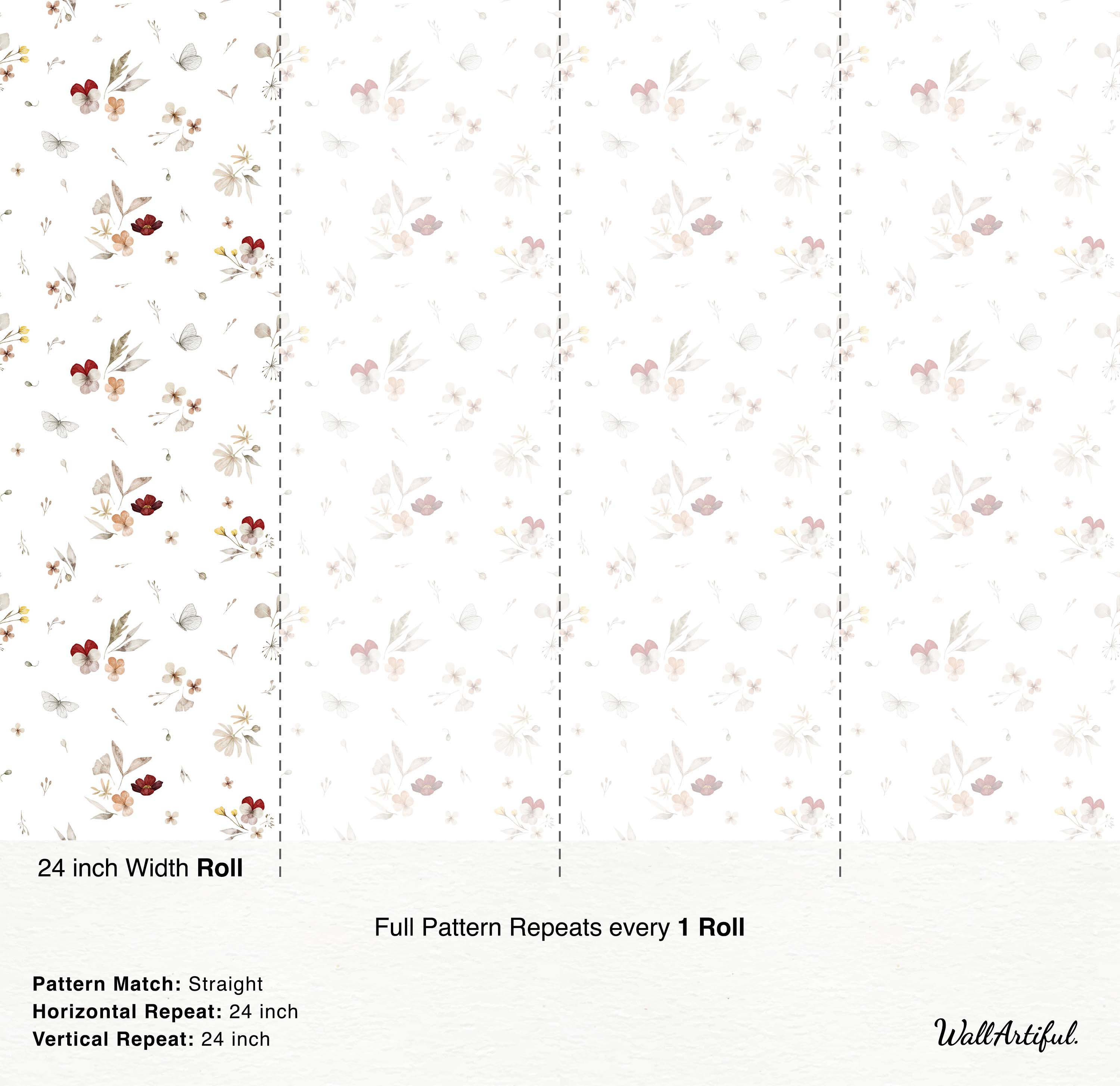 Watercolor floral wallpaper with scattered butterflies in muted earth tones, red, and yellow on a white background.