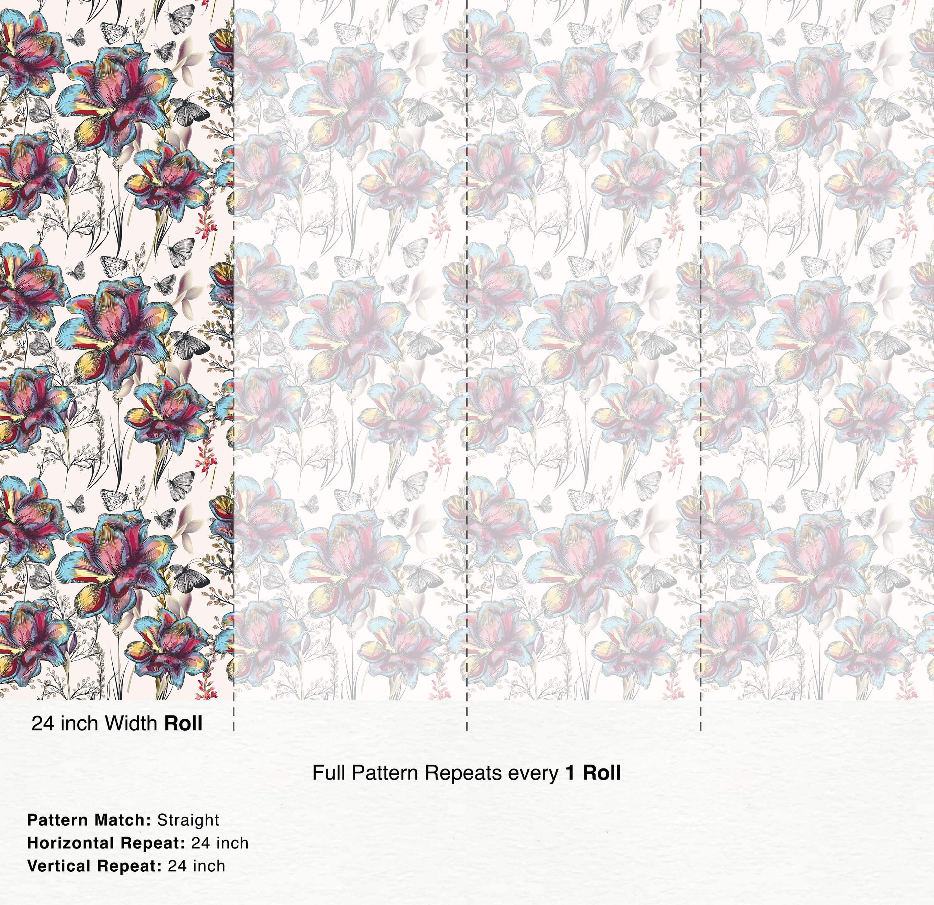 Wallpaper features large, multicolor sketch-style flowers and butterflies in red, blue, and yellow on a light background.