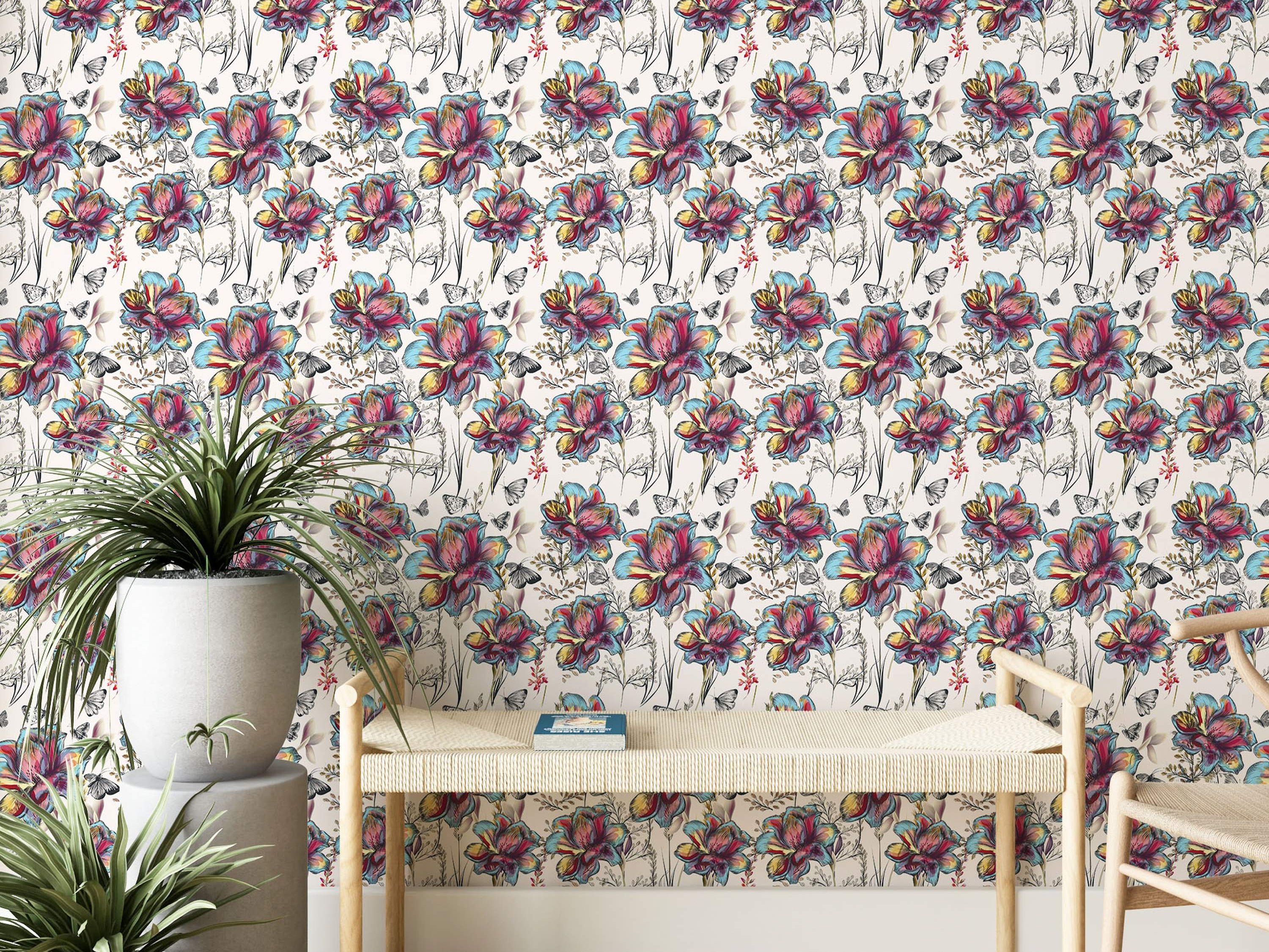 Wallpaper featuring illustrated pink, blue, and yellow flowers with black and white butterflies on an off-white background.