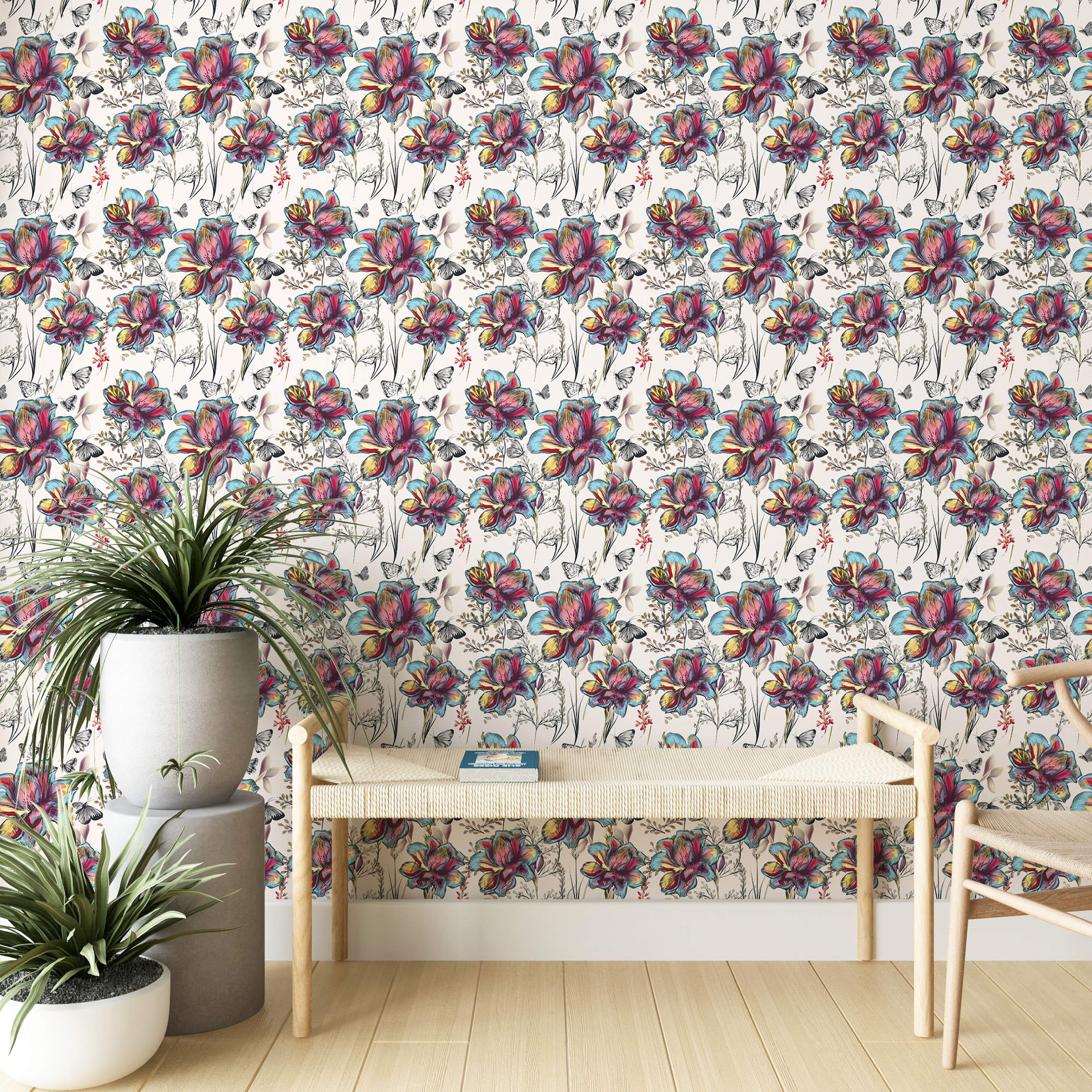Wallpaper featuring illustrated pink, blue, and yellow flowers with black and white butterflies on an off-white background.