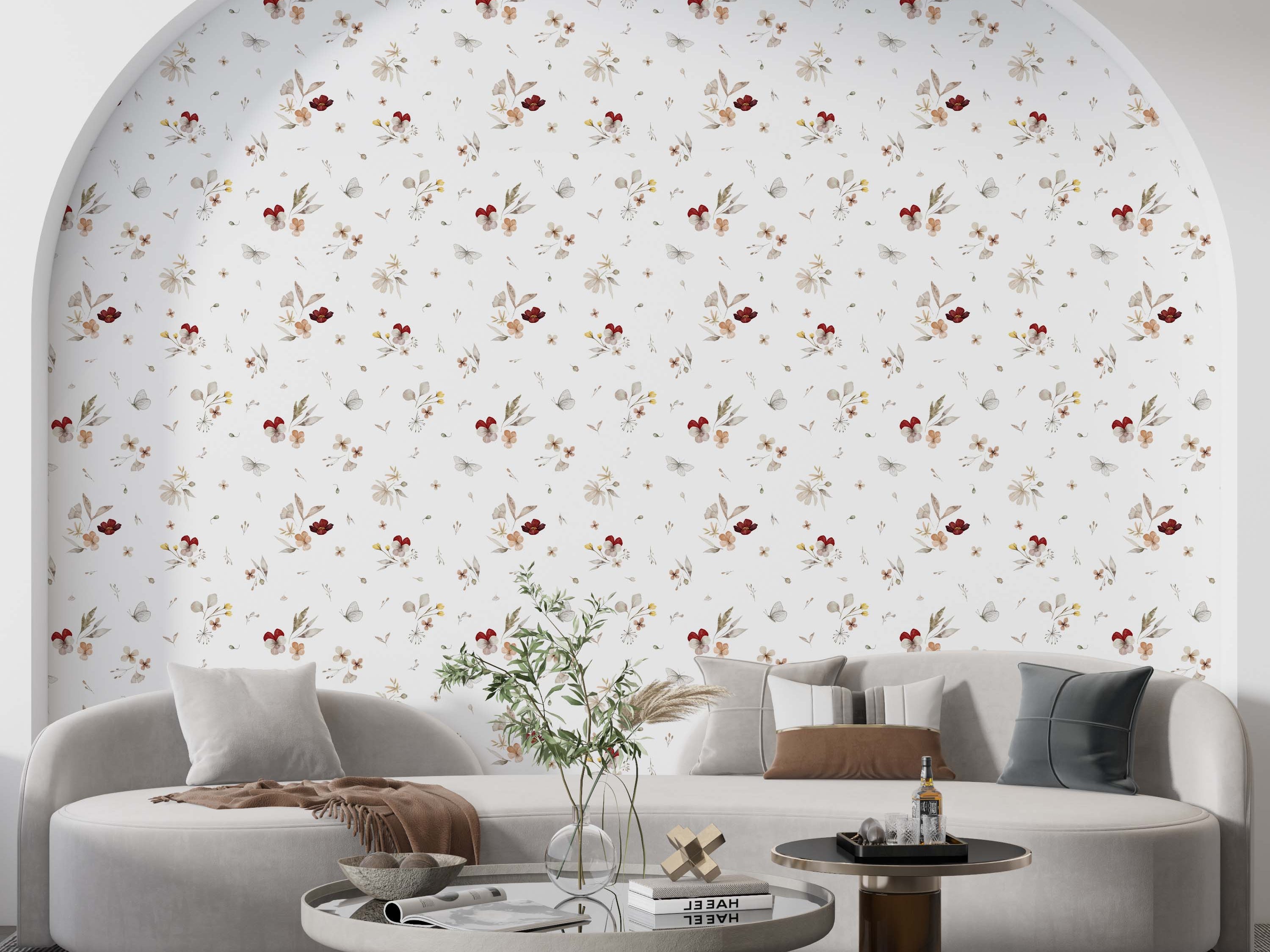 Watercolor wallpaper with red, orange, yellow, and beige flowers and grey butterflies on a white background.