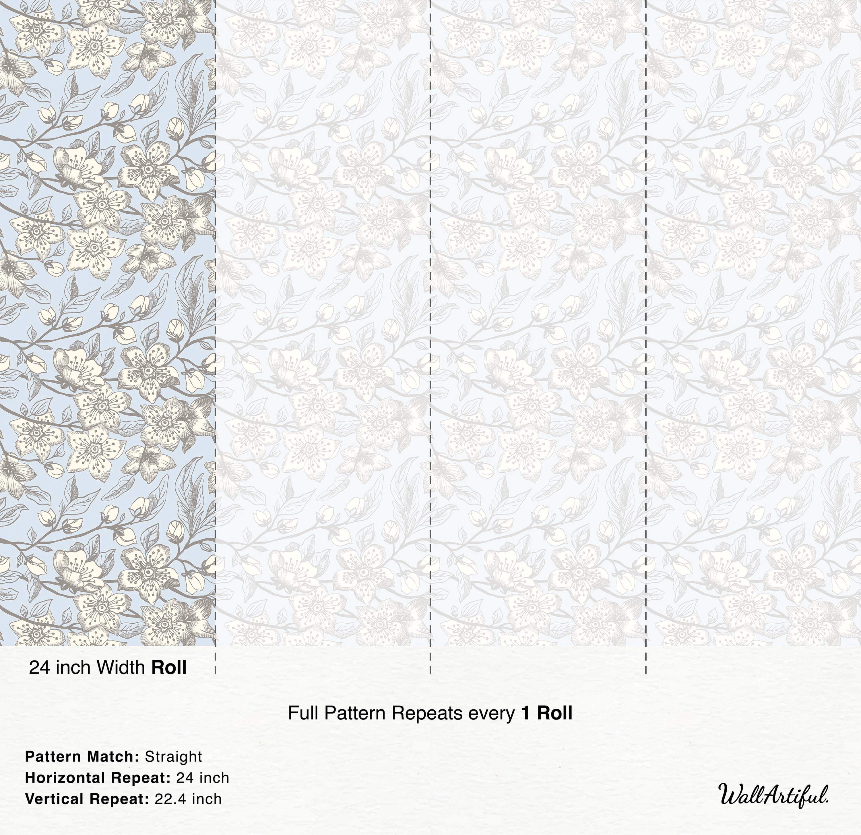 Sketchy cherry blossom floral wallpaper with cream and gray flowers on a light blue background.