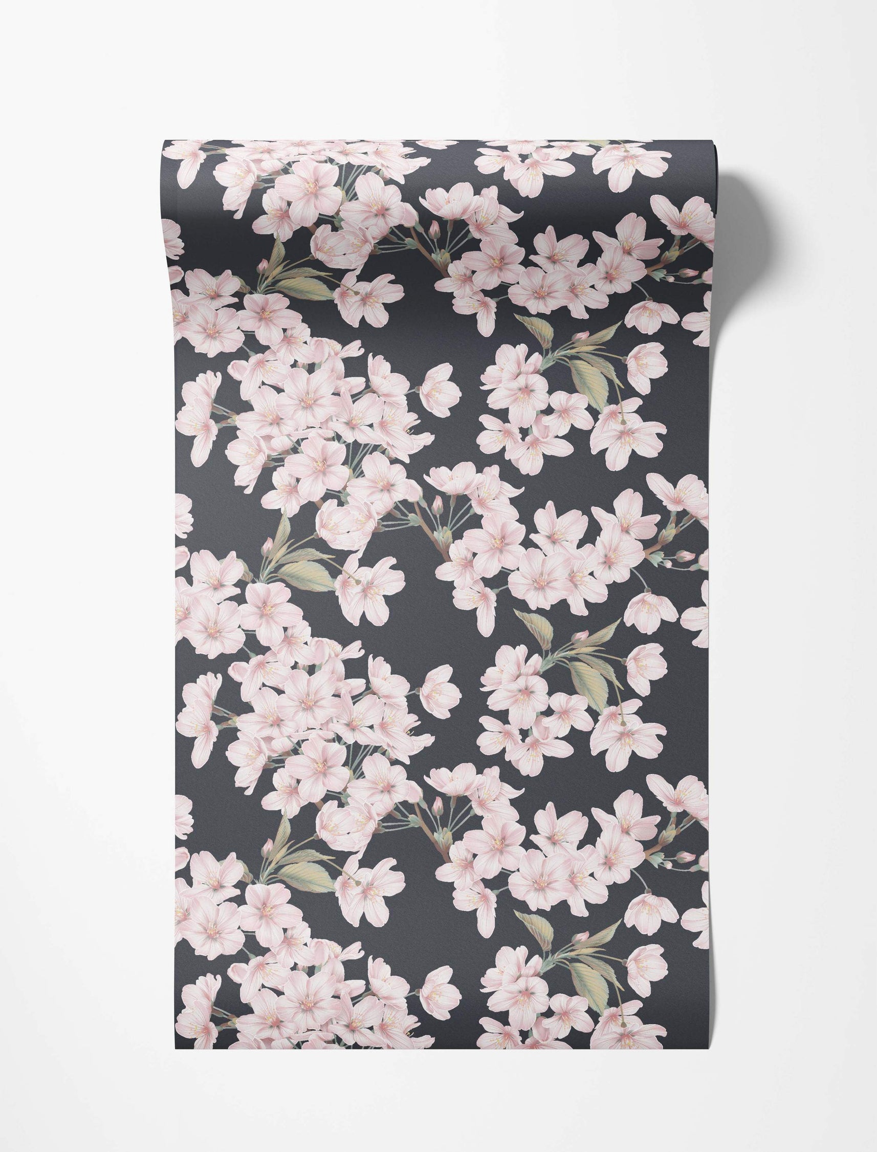 Wallpaper featuring delicate pink cherry blossoms and green leaves scattered across a dark gray background.