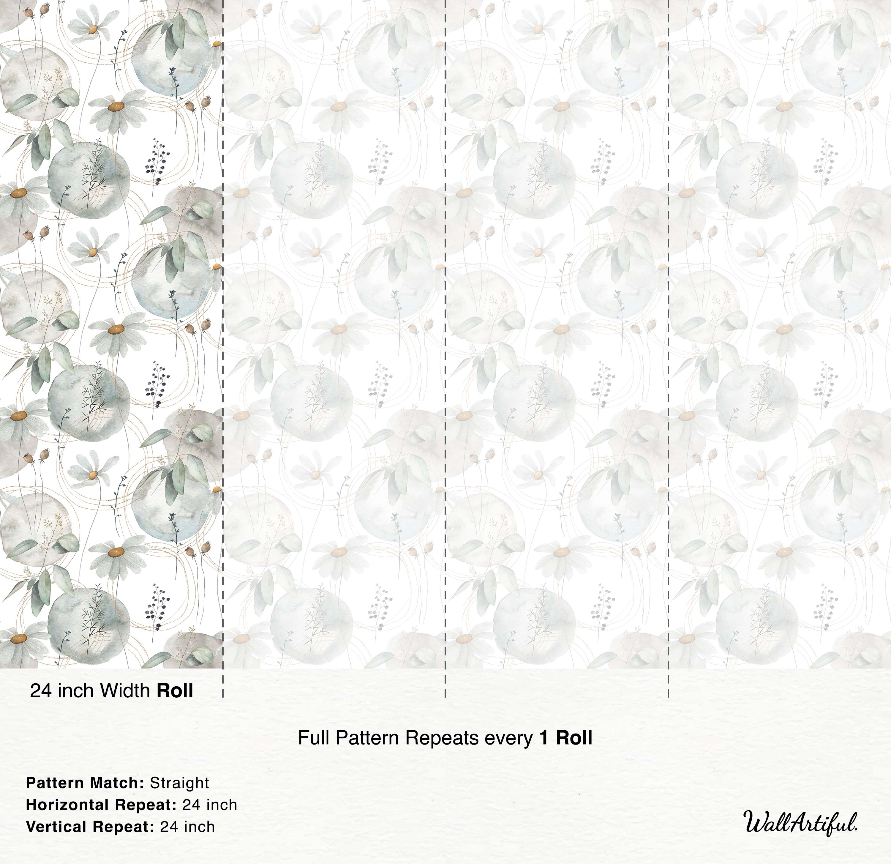 Watercolor floral wallpaper with white daisies, gray circles, and delicate gold swirls on a white background.