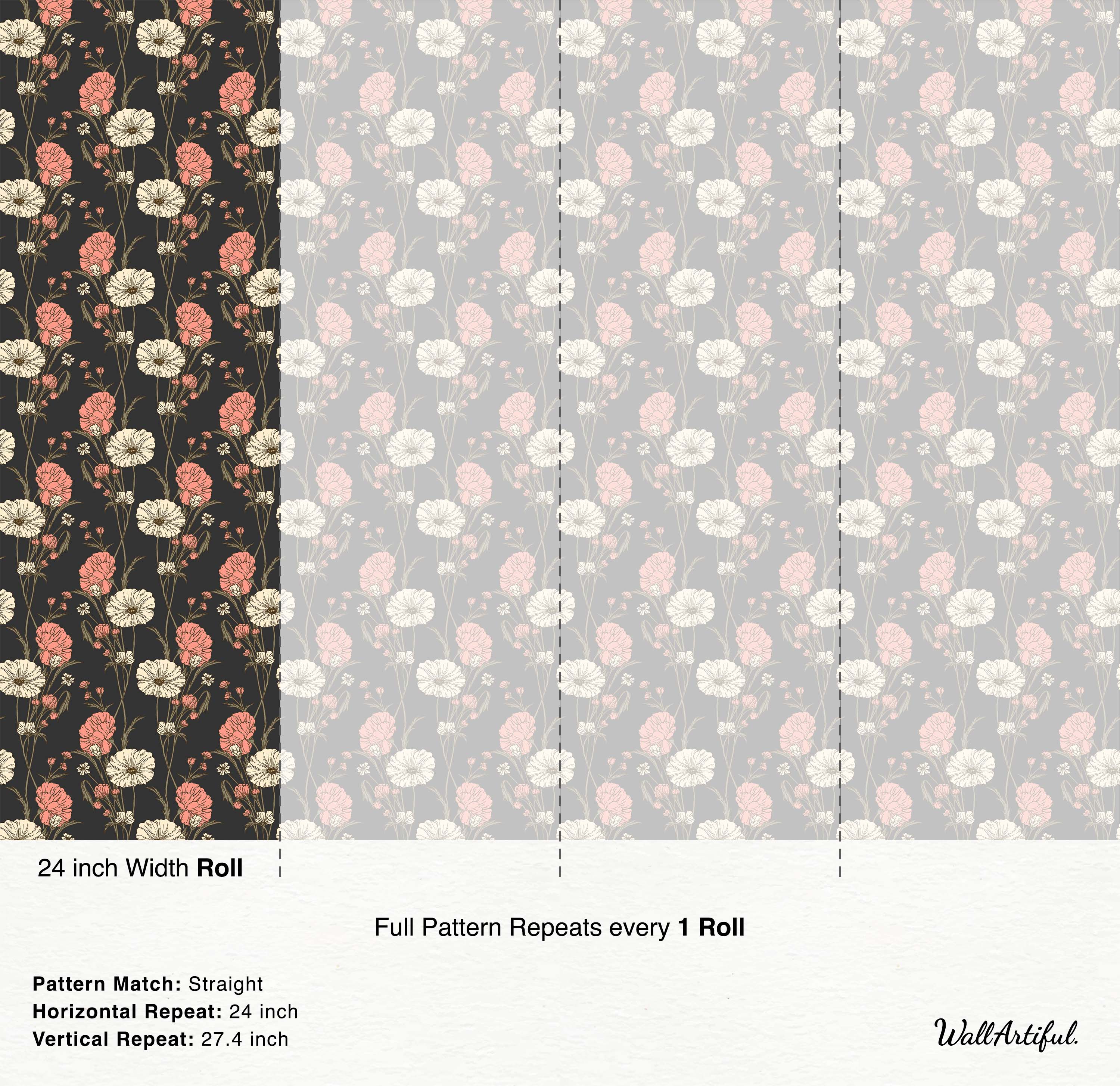 Vintage floral wallpaper featuring coral-pink and cream flowers with dark stems on a charcoal gray background.