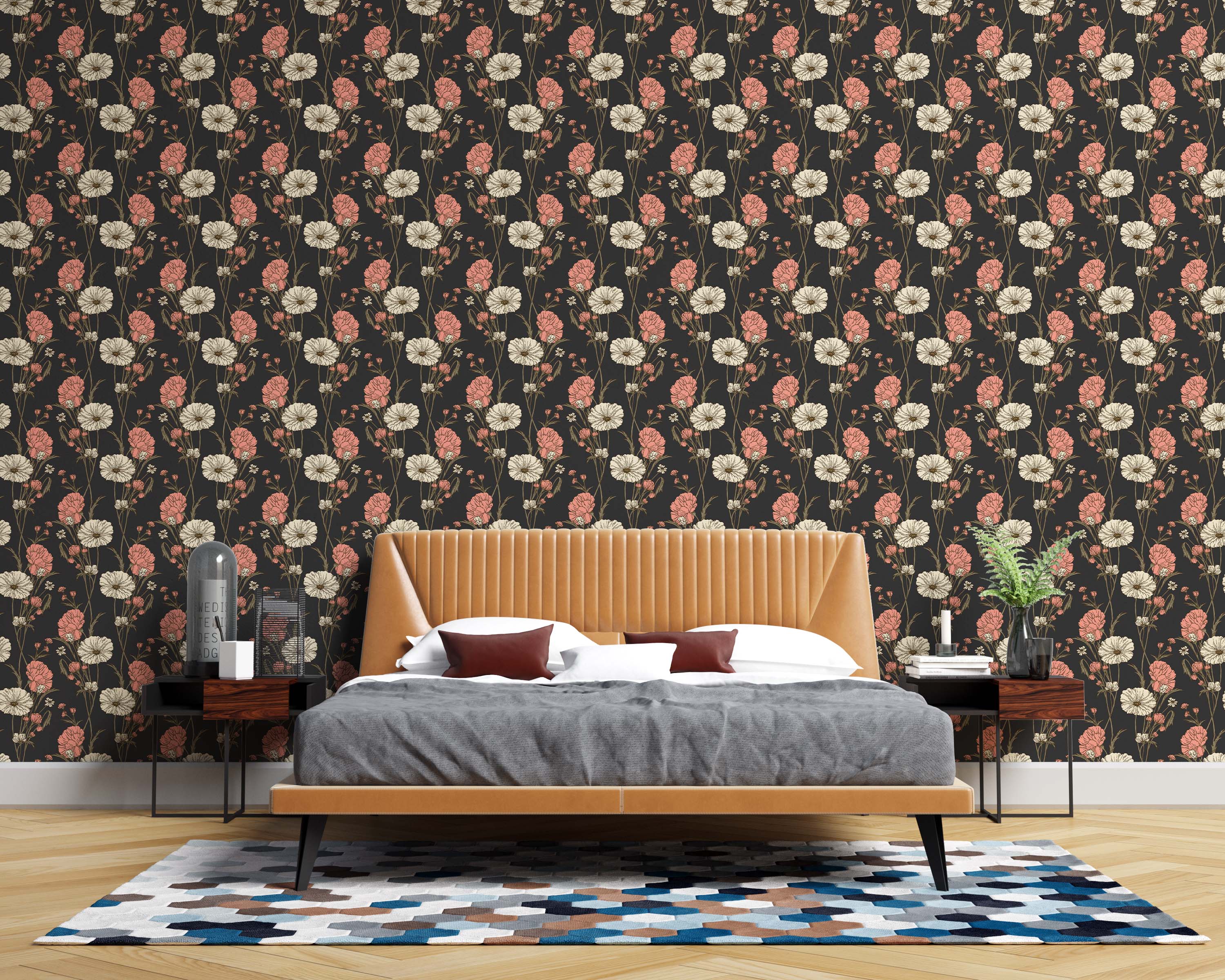 Wallpaper: repeating floral design with large coral and off-white flowers, small white accents, green stems, on dark charcoal.