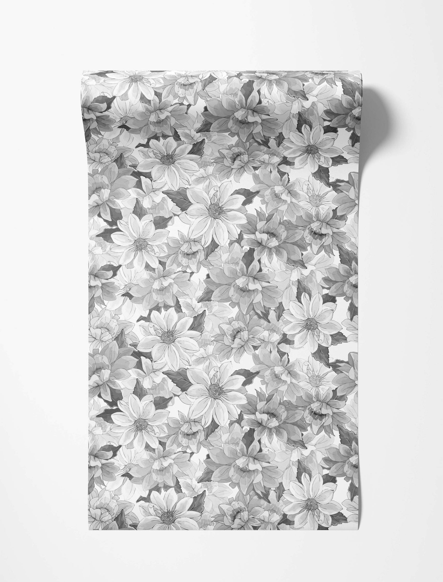 Wallpaper featuring a dense, overlapping pattern of painterly dahlia flowers in shades of gray.