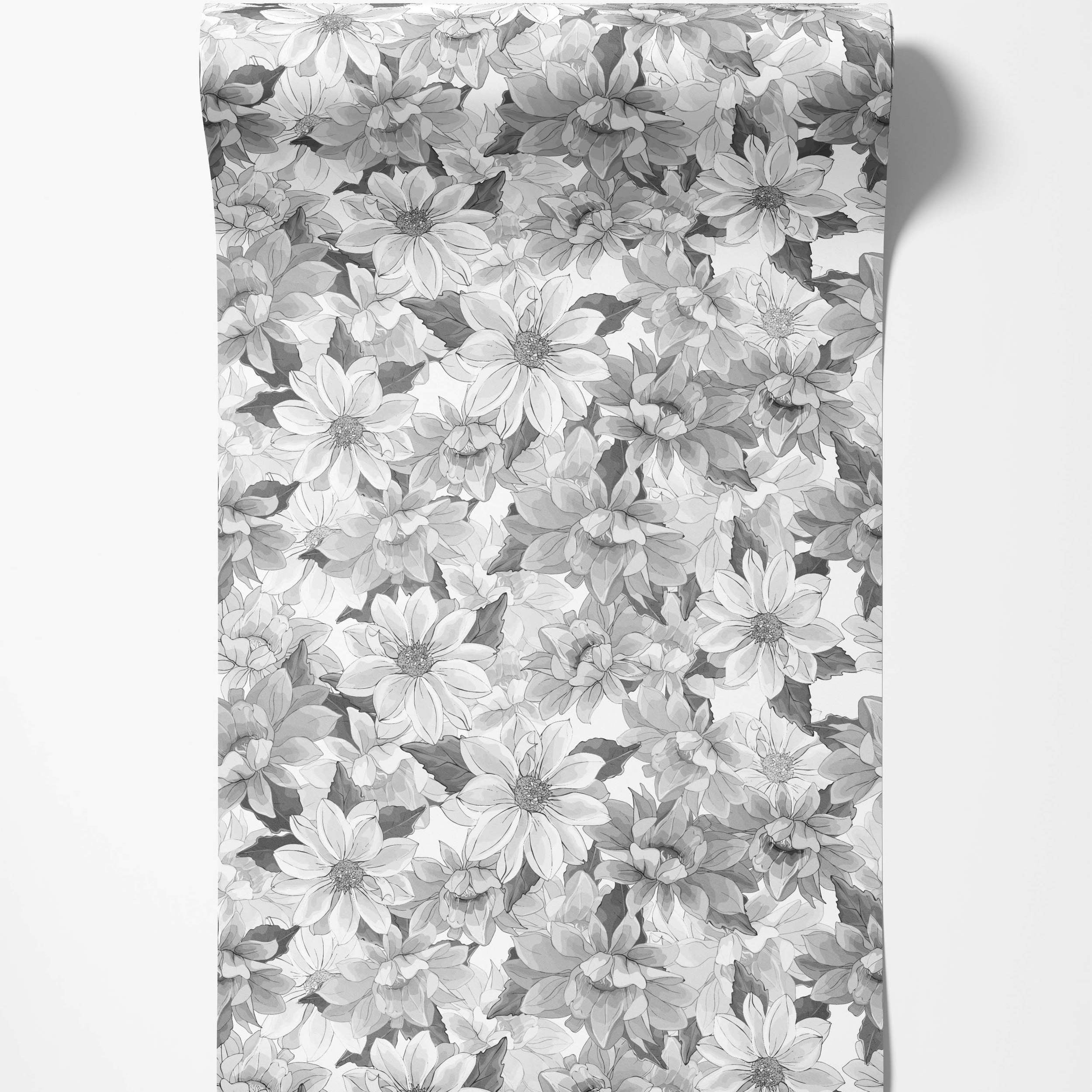 Wallpaper featuring a dense, overlapping pattern of painterly dahlia flowers in shades of gray.