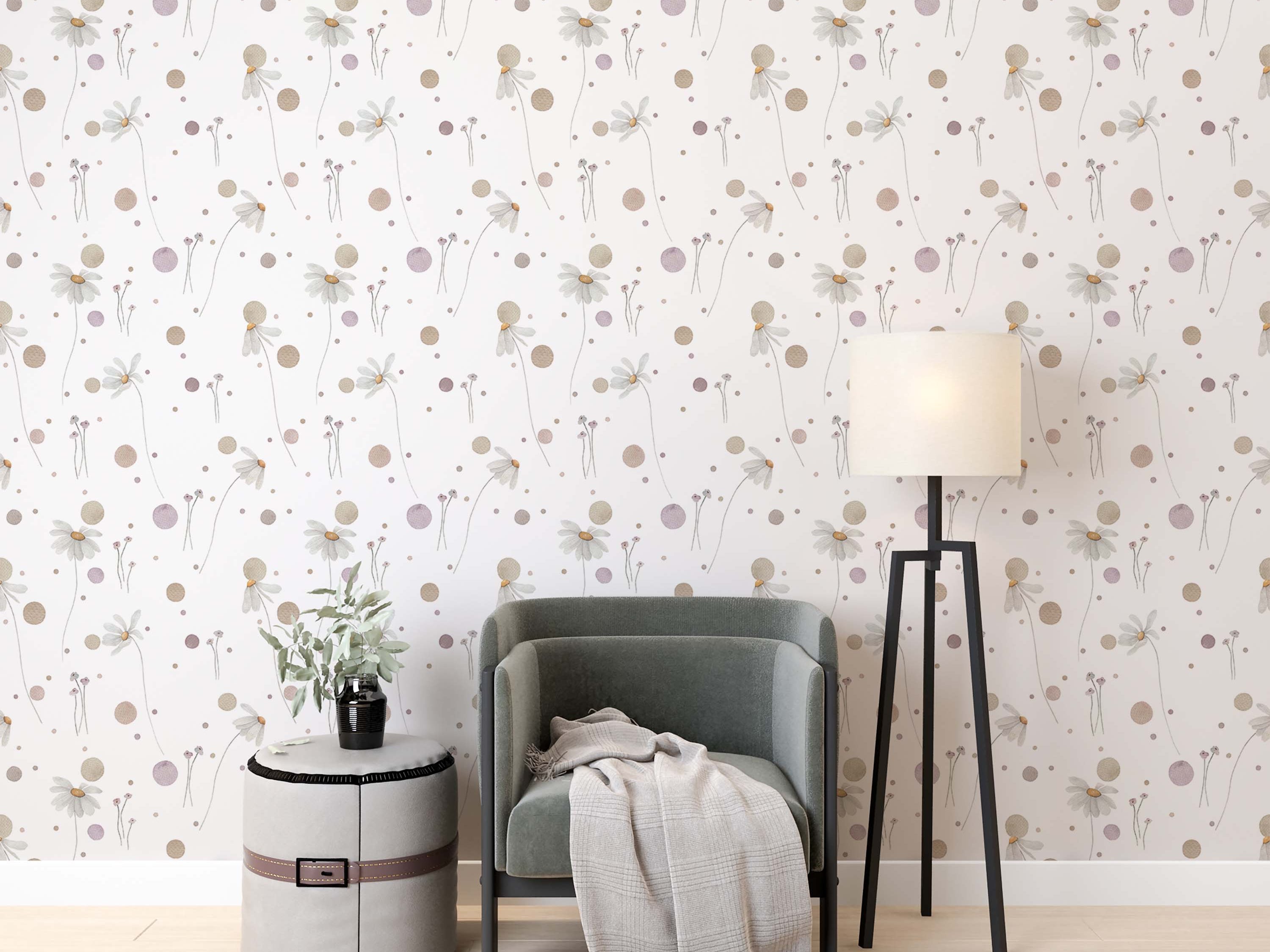 Wallpaper with a charming pattern of white daisies, purple floral accents, and assorted brown and purple dots on a light field.