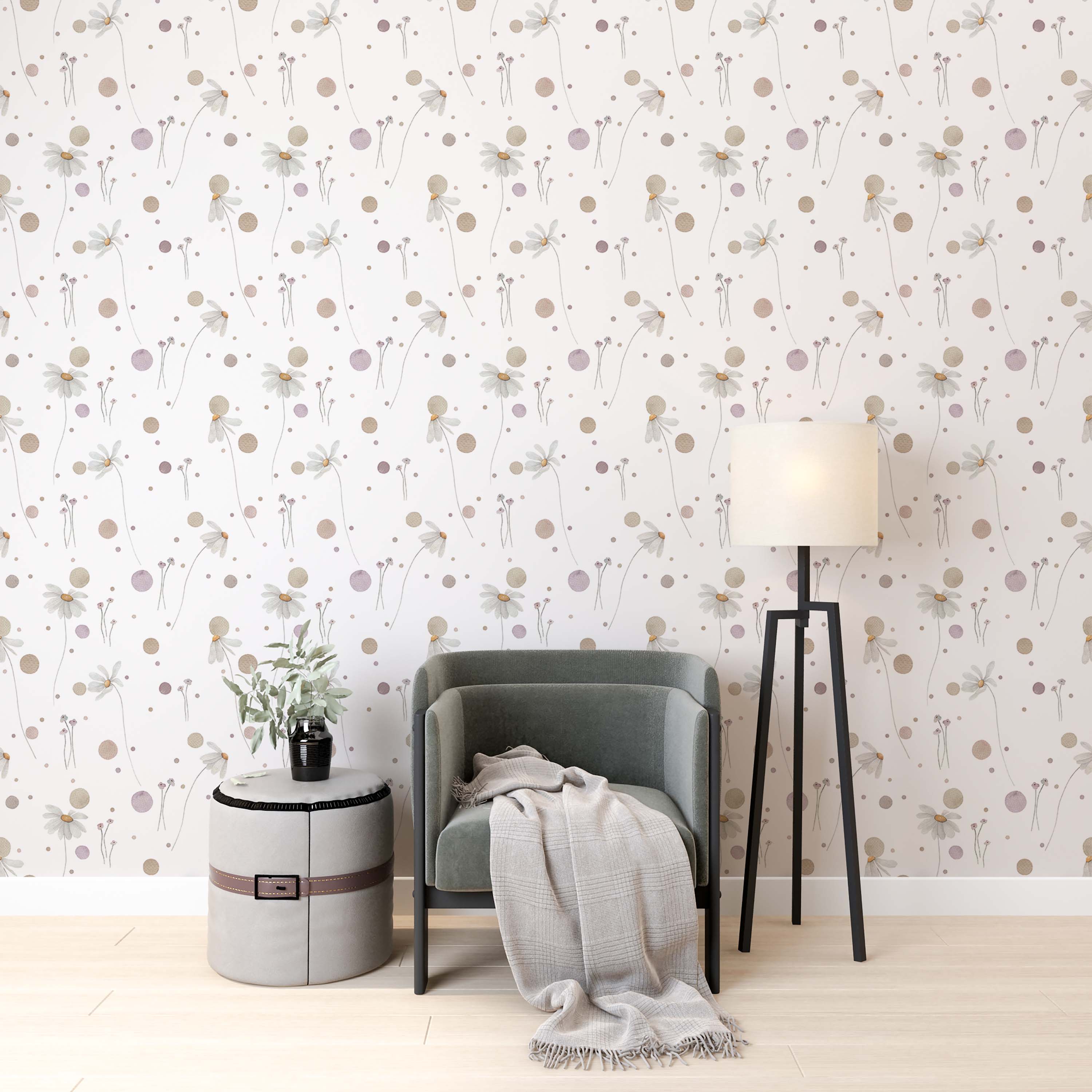 Wallpaper with a charming pattern of white daisies, purple floral accents, and assorted brown and purple dots on a light field.