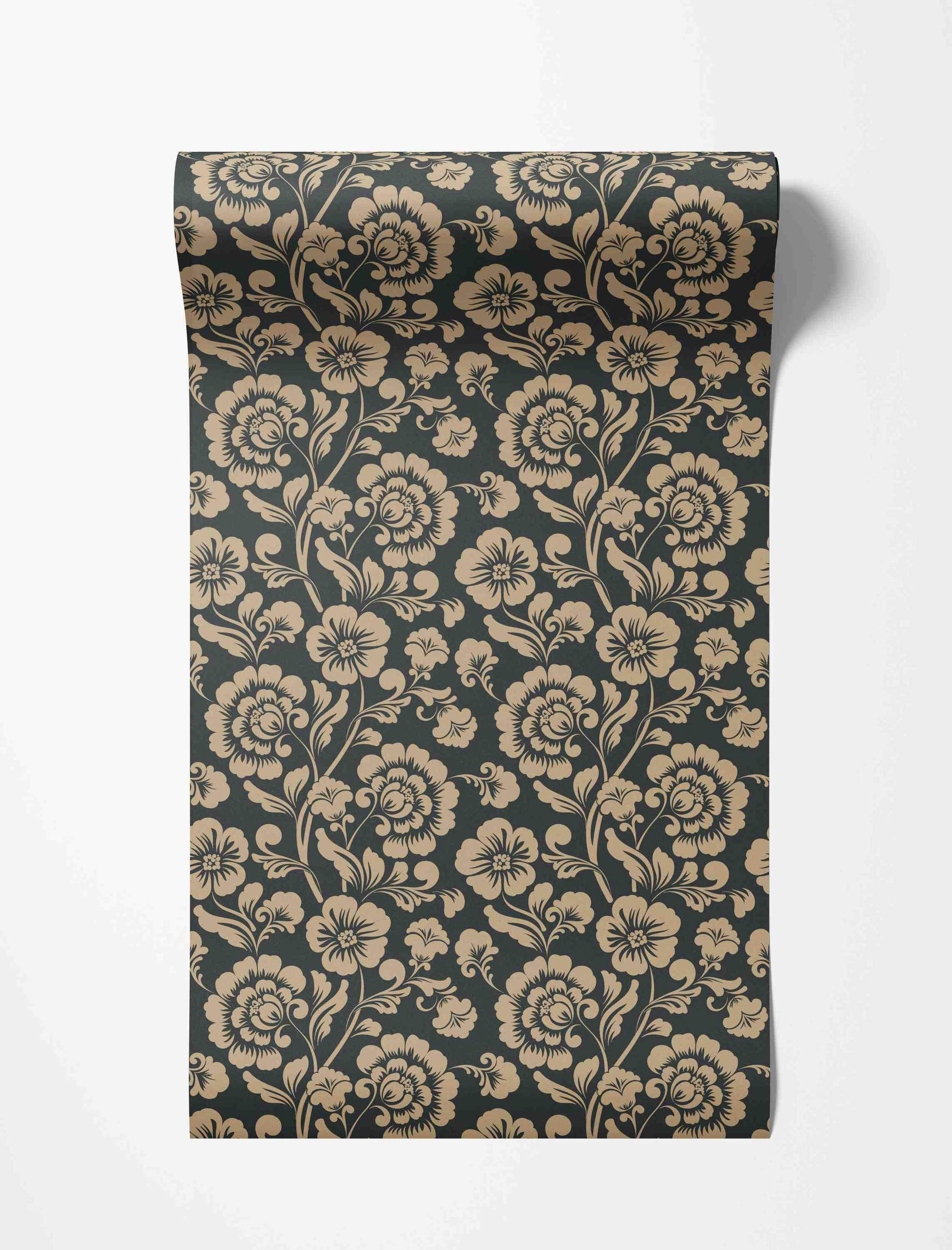 Elegant beige floral damask wallpaper featuring stylized vines and flowers on a dark charcoal gray background.