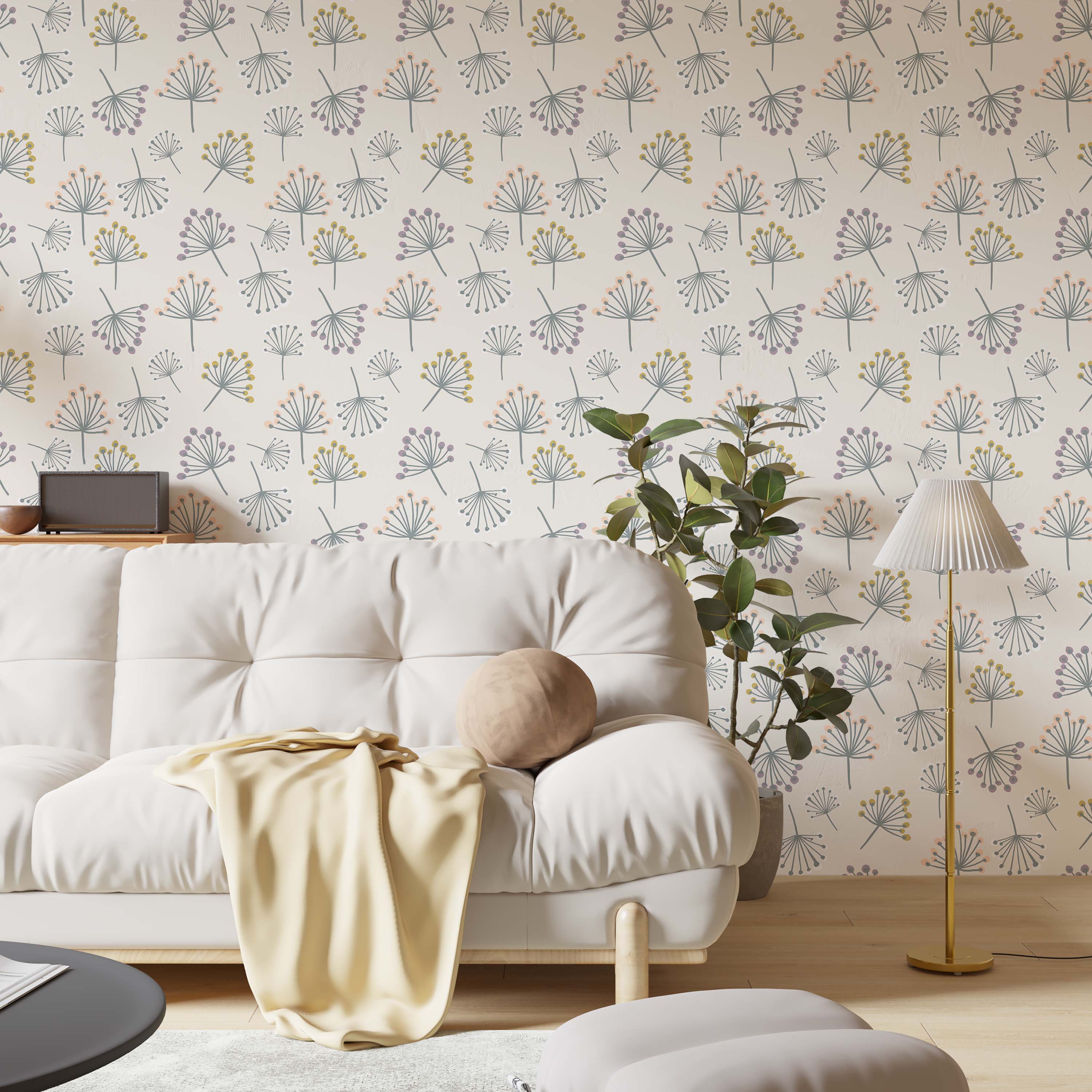 Off-white wallpaper with a pattern of floral motifs featuring teal stems and dots in pale yellow, purple, and peach.