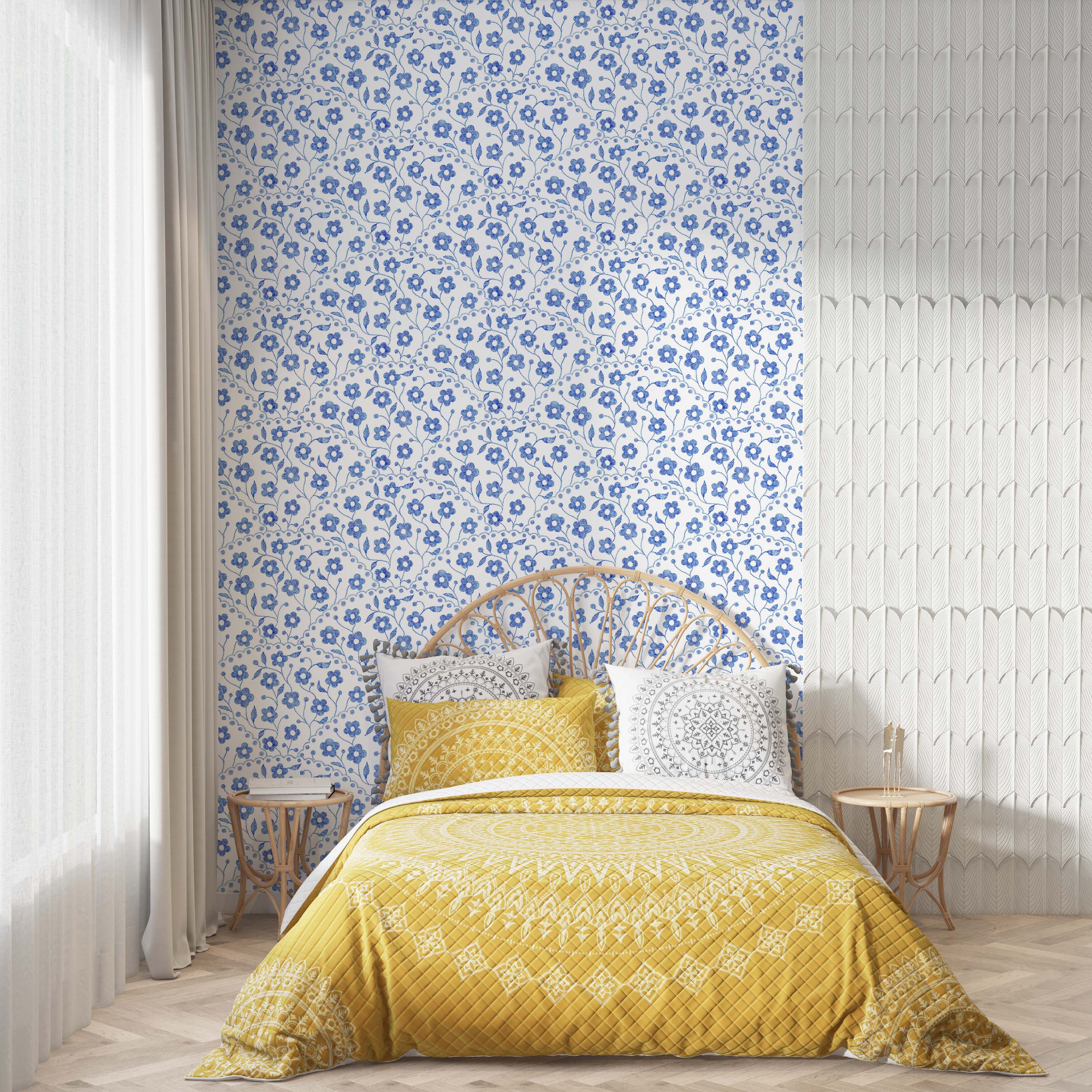 A floral wallpaper with a dense pattern of small, stylized blue flowers on climbing vines against a white background.