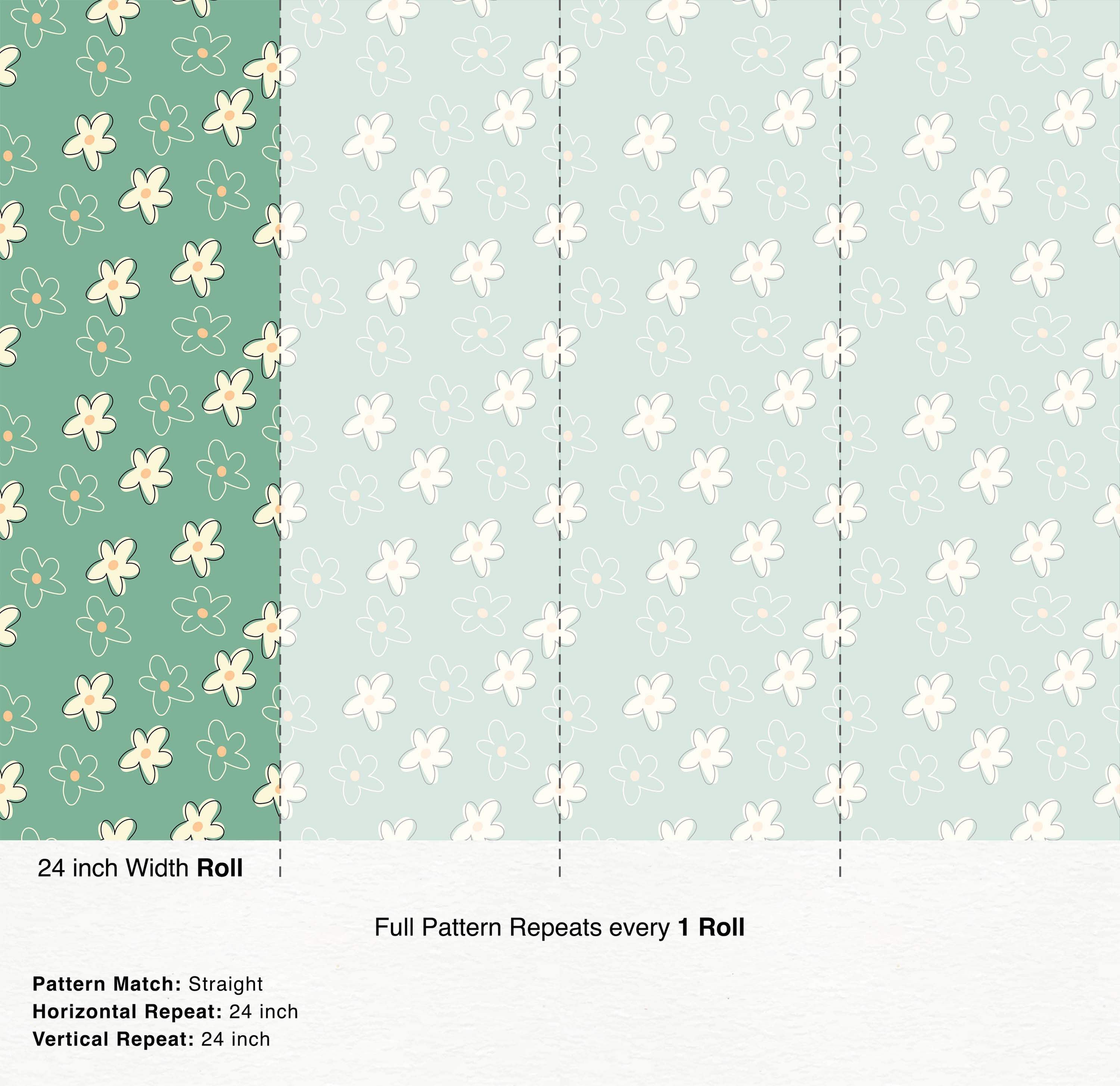 Hand-drawn style cream flowers with orange centers scattered across a sage green background wallpaper.