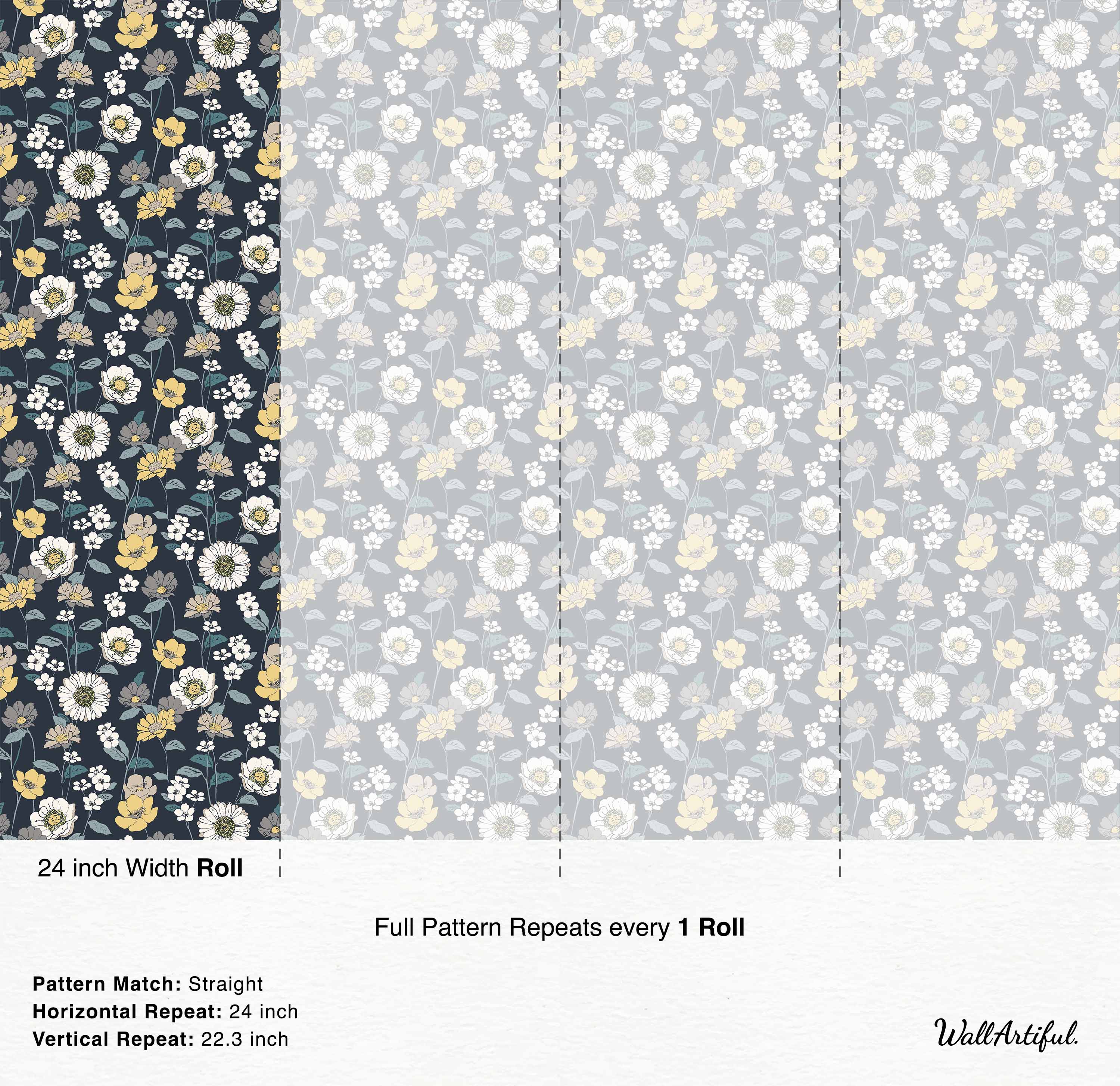 Floral wallpaper featuring sketched white, yellow, and grey flowers with teal leaves on a navy blue background.