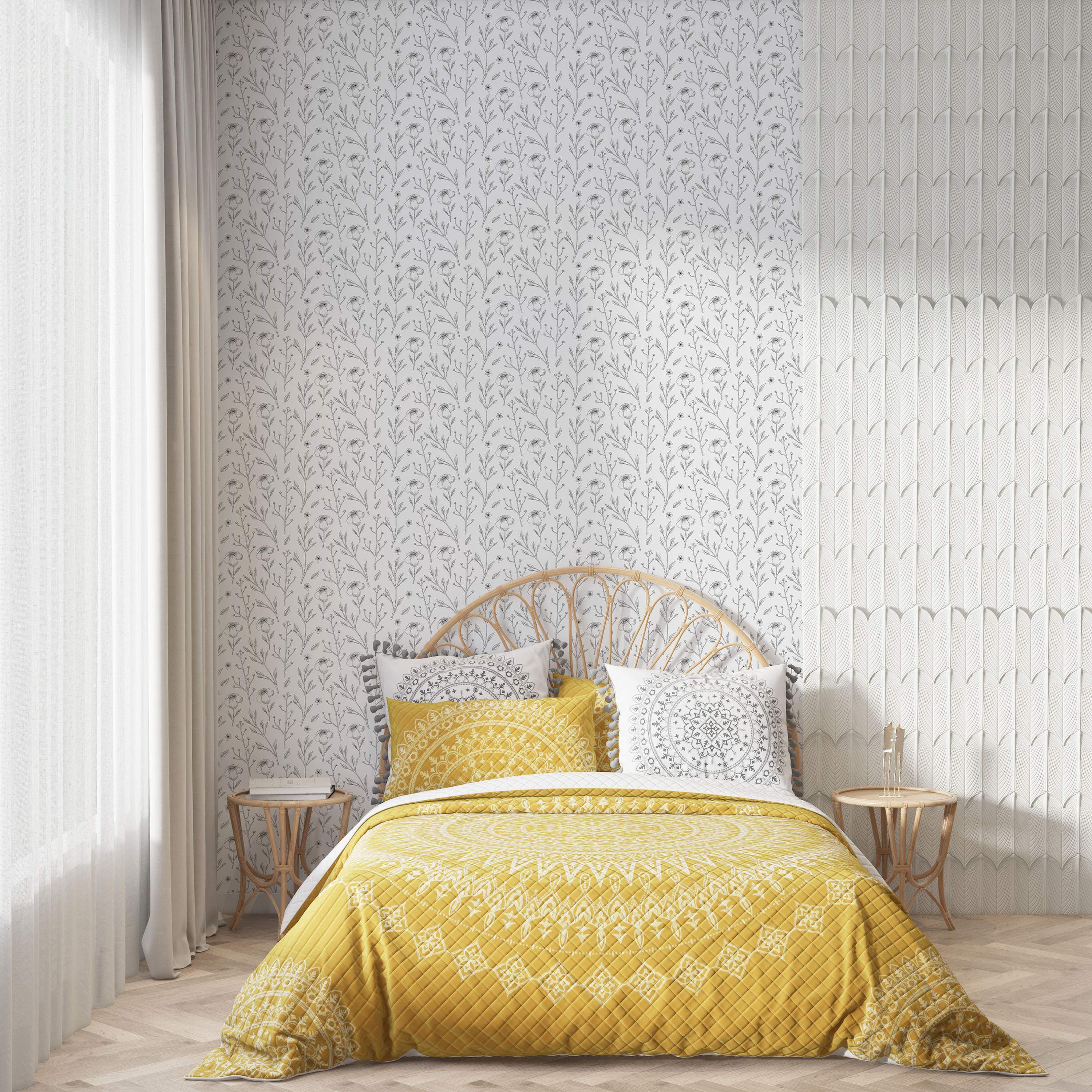 Split wall design with grey floral line drawing wallpaper and white textured geometric panel wallpaper.