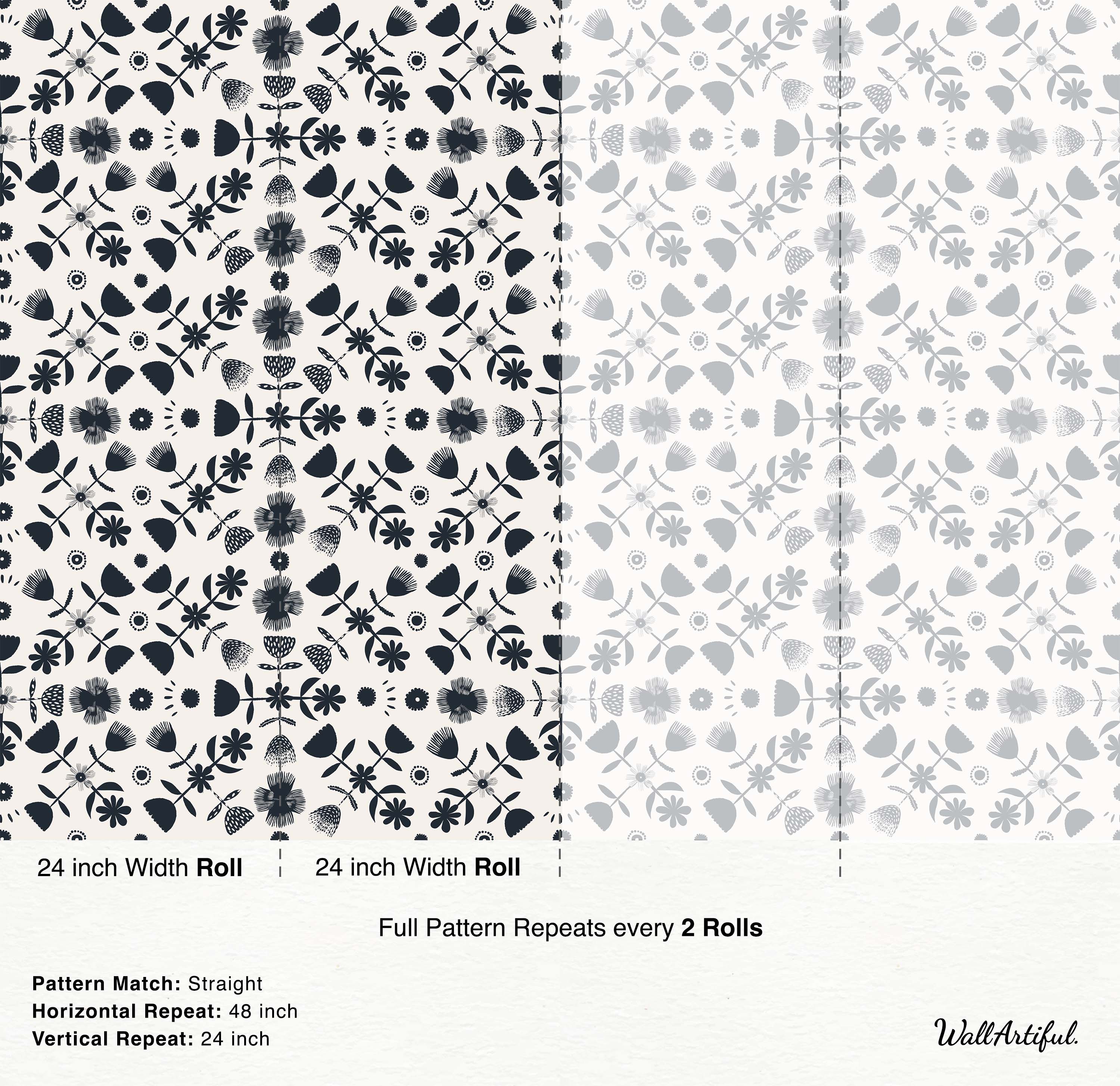 Wallpaper featuring a repeating pattern of stylized navy blue flowers and geometric shapes on a cream background.