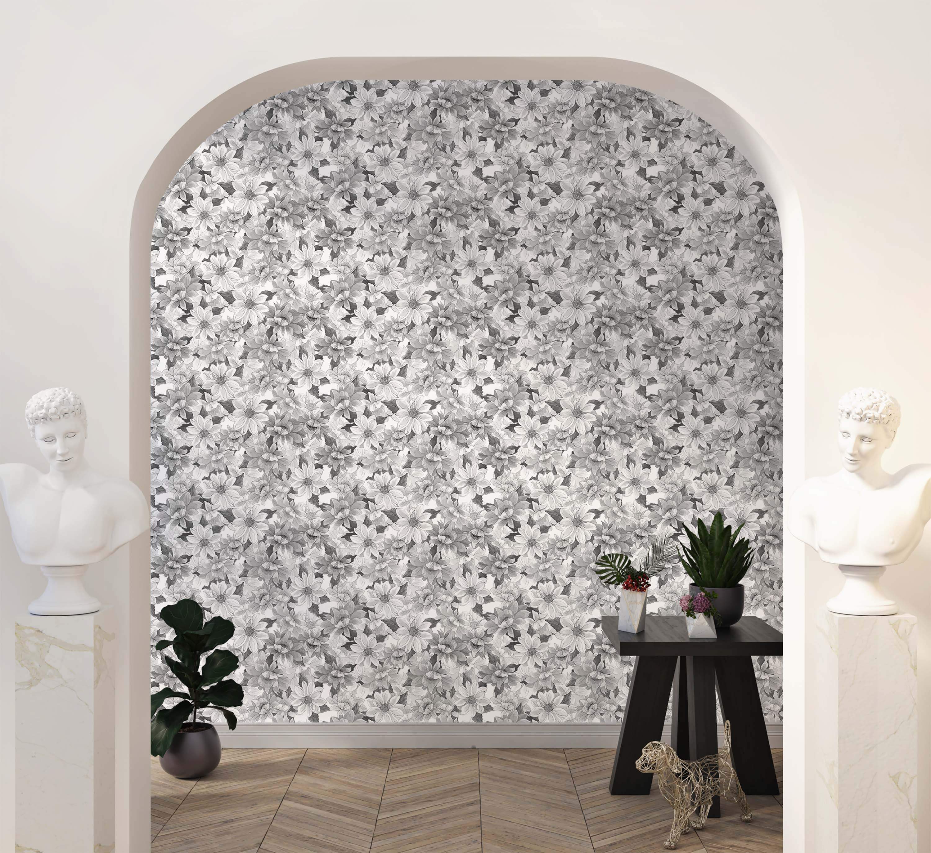 Monochrome wallpaper featuring a dense, repeating pattern of detailed floral illustrations in shades of gray.