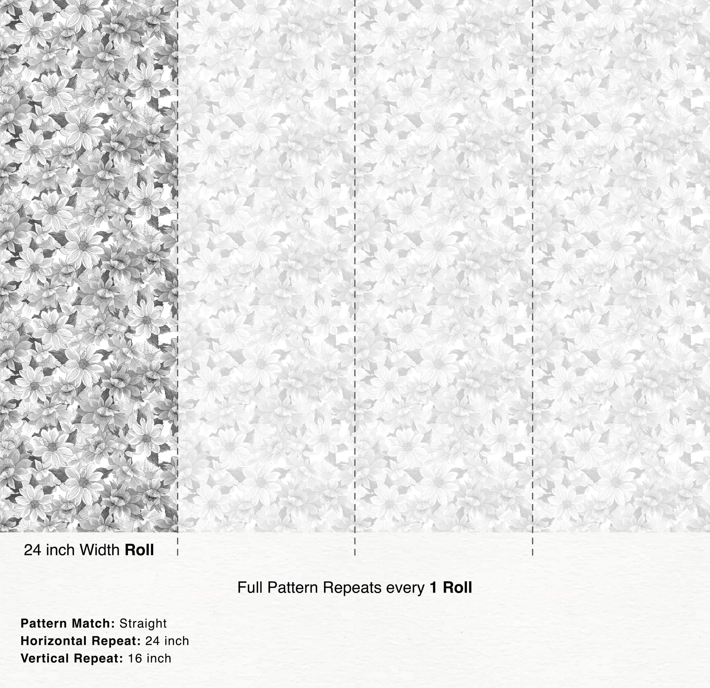 Dense floral wallpaper pattern in monochromatic shades of gray, featuring overlapping sketched blooms.