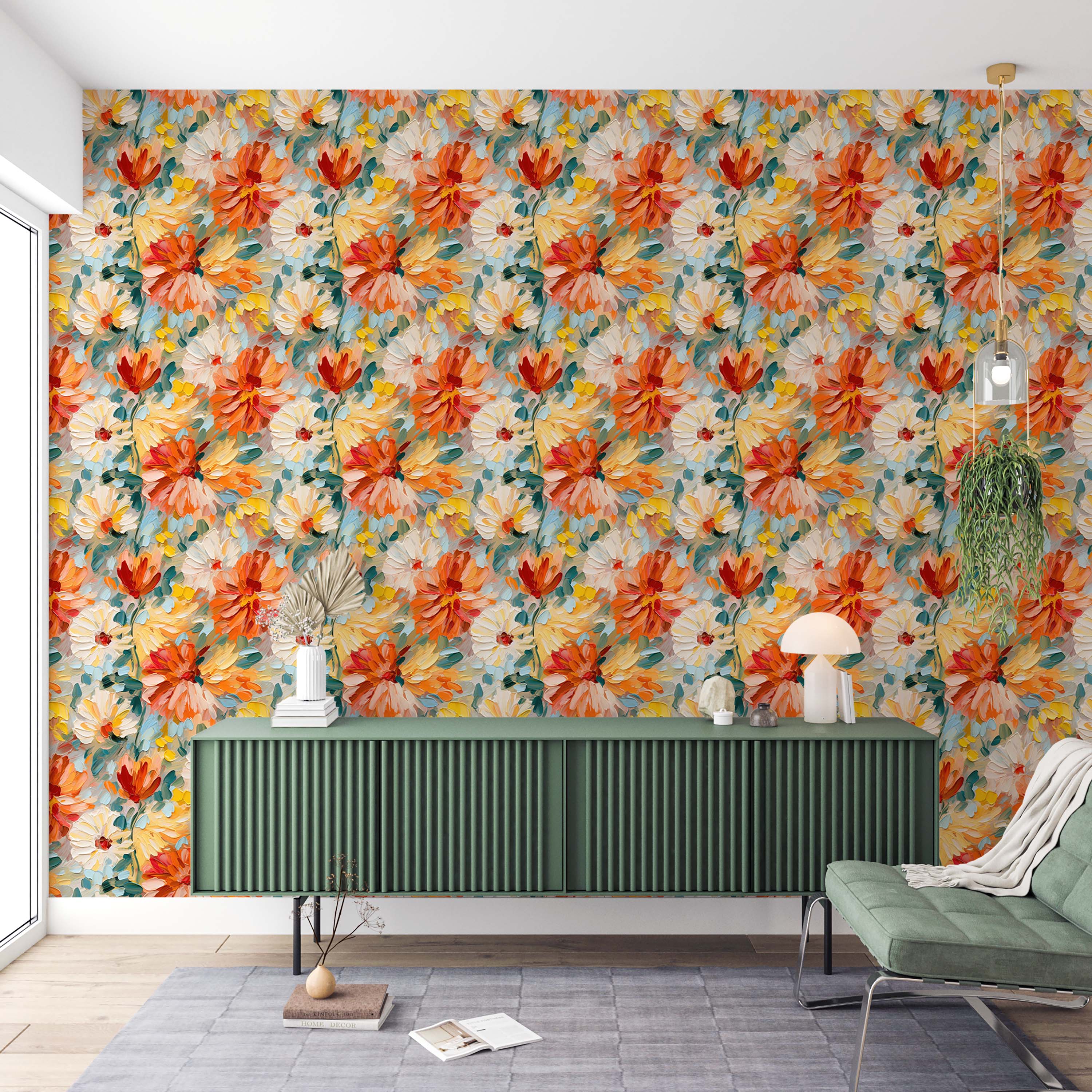 Impasto style floral wallpaper featuring painterly flowers in orange, yellow, red, and white with textured teal and blue leaves.