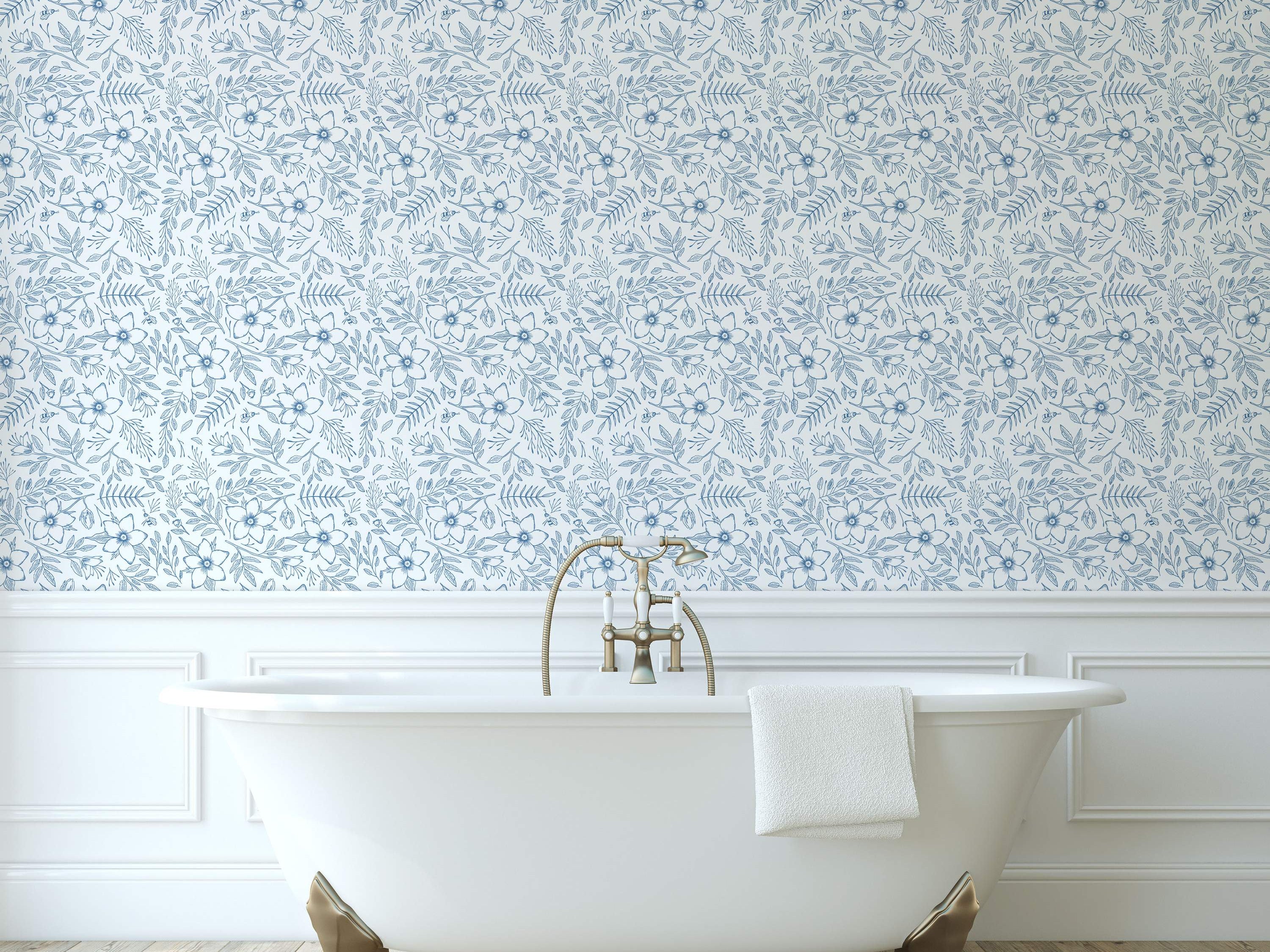 Blue hand-drawn floral wallpaper with detailed flowers, assorted leaves, and tiny bees on a white field.