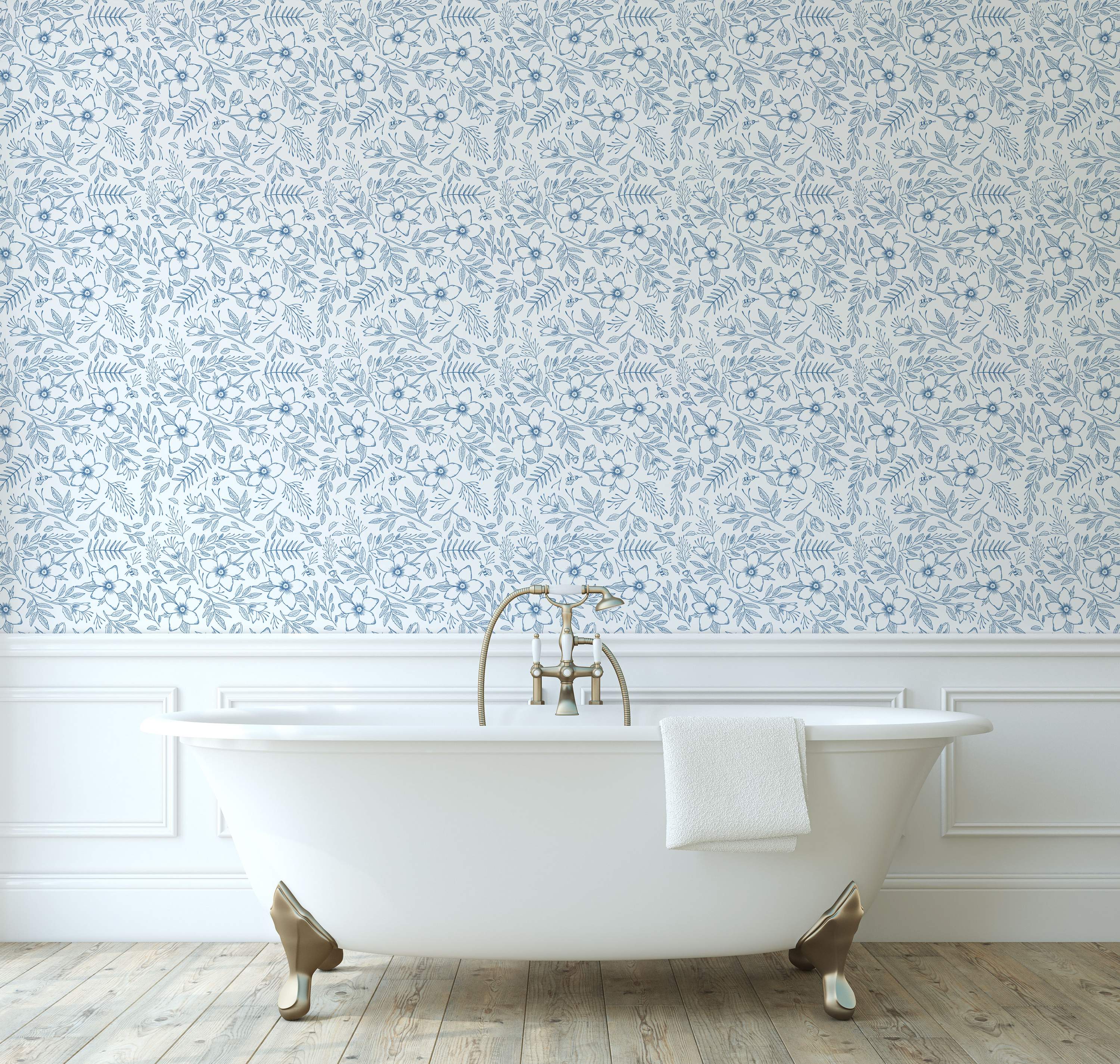 Blue hand-drawn floral wallpaper with detailed flowers, assorted leaves, and tiny bees on a white field.