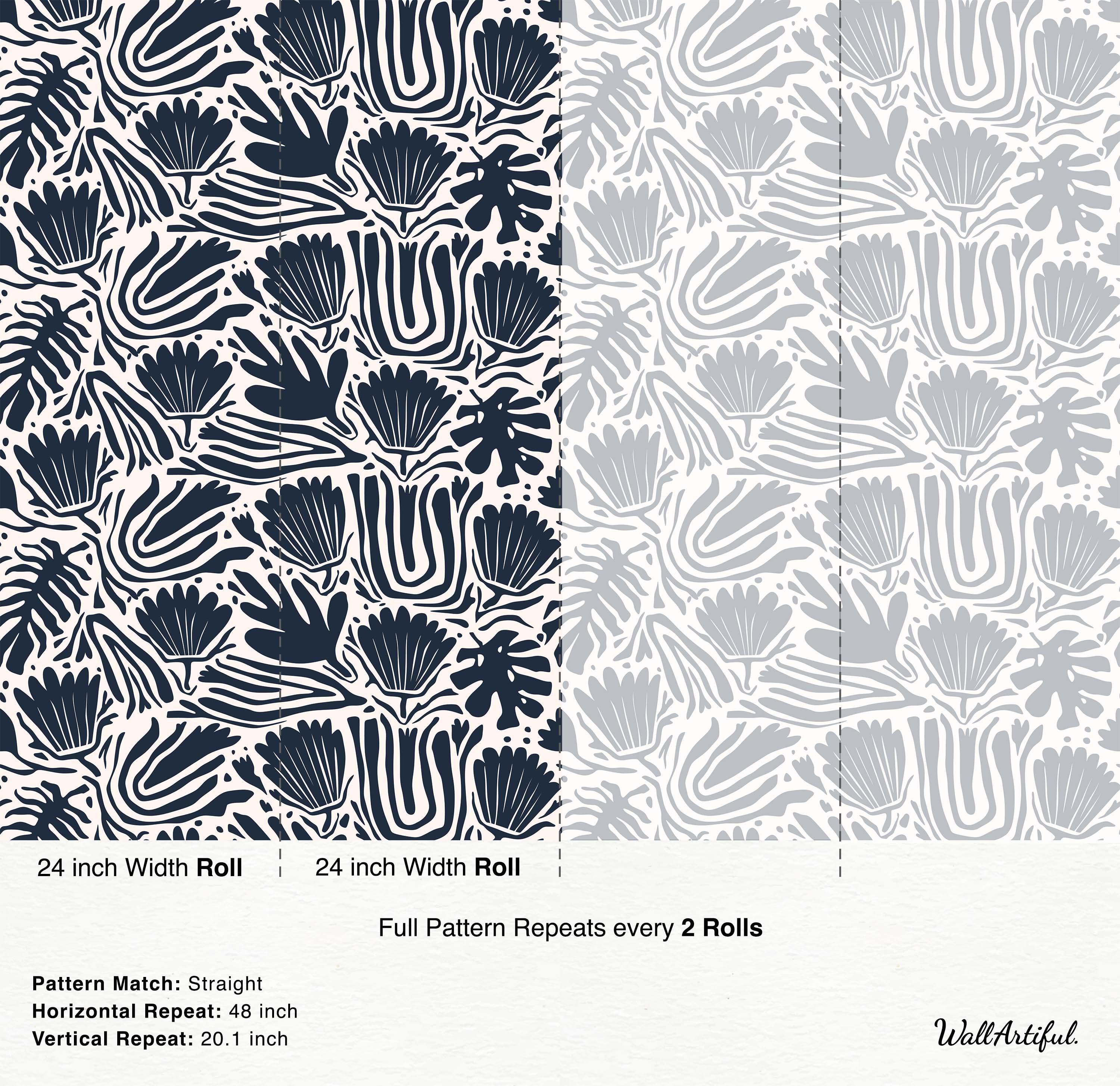 Graphic block-print style wallpaper featuring stylized floral and leaf motifs in navy blue and light grey on a cream background.