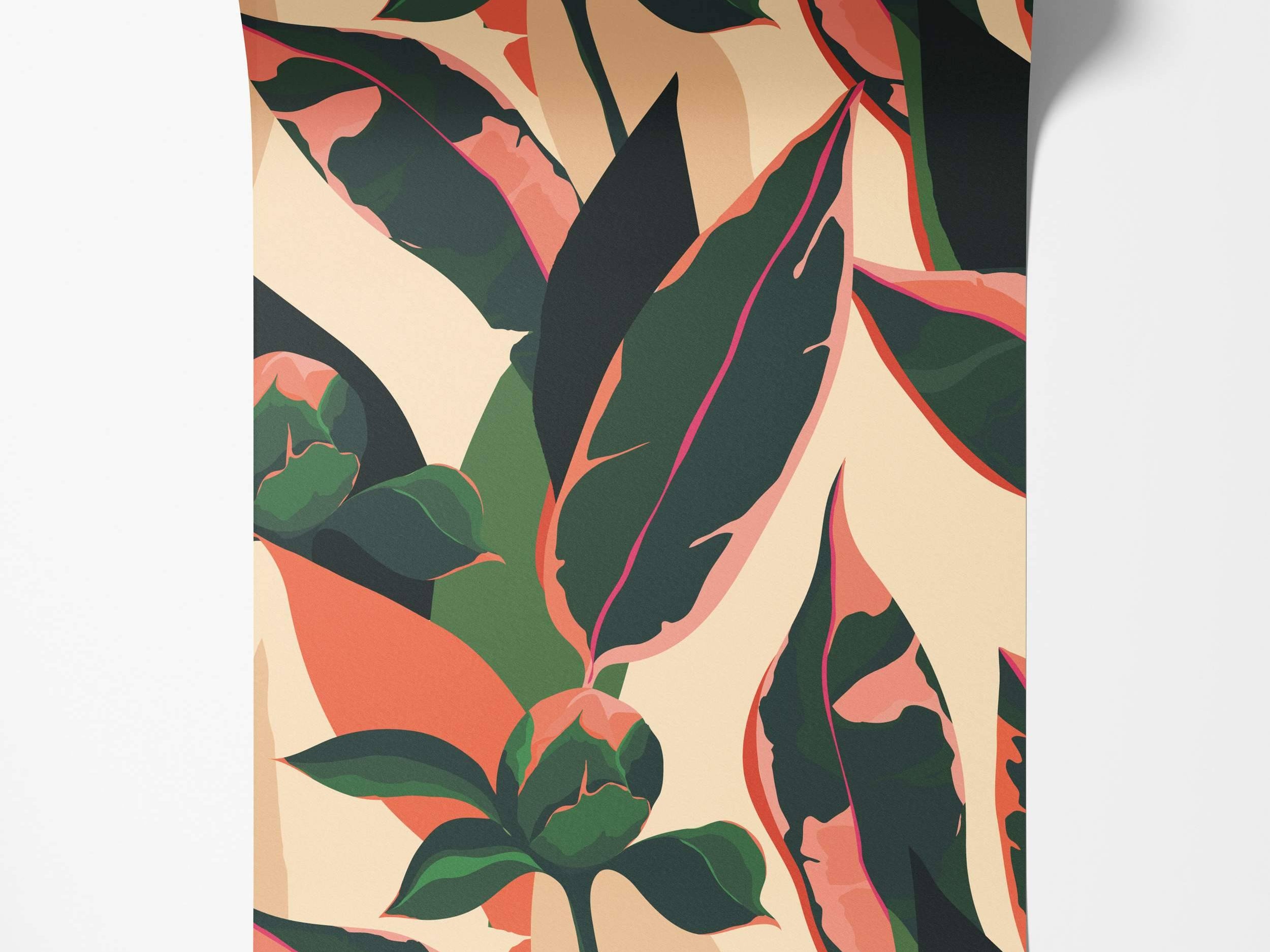 Wallpaper with a bold, abstract floral pattern featuring large dark green and pink leaves against a light peach background.