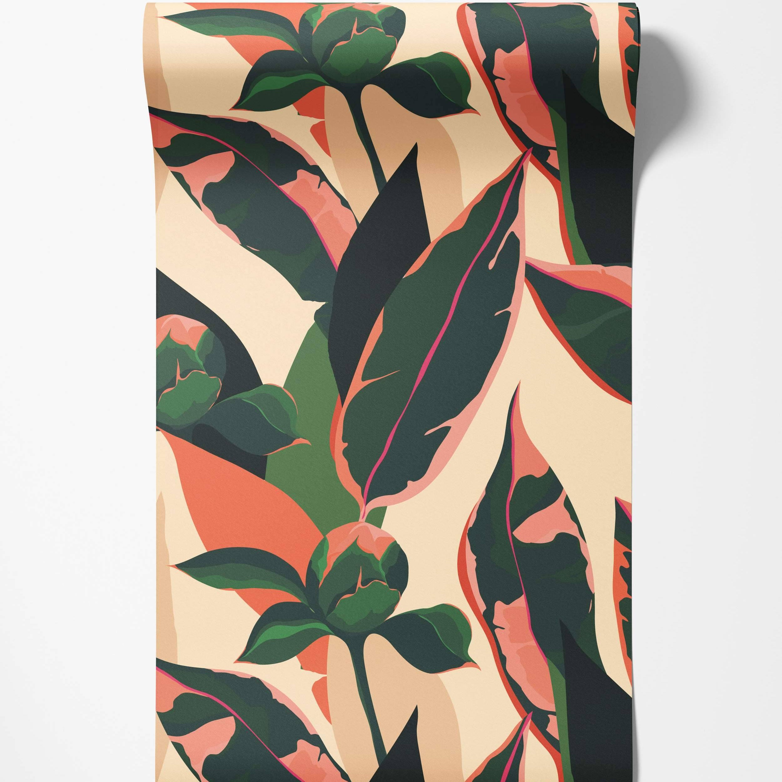 Wallpaper with a bold, abstract floral pattern featuring large dark green and pink leaves against a light peach background.