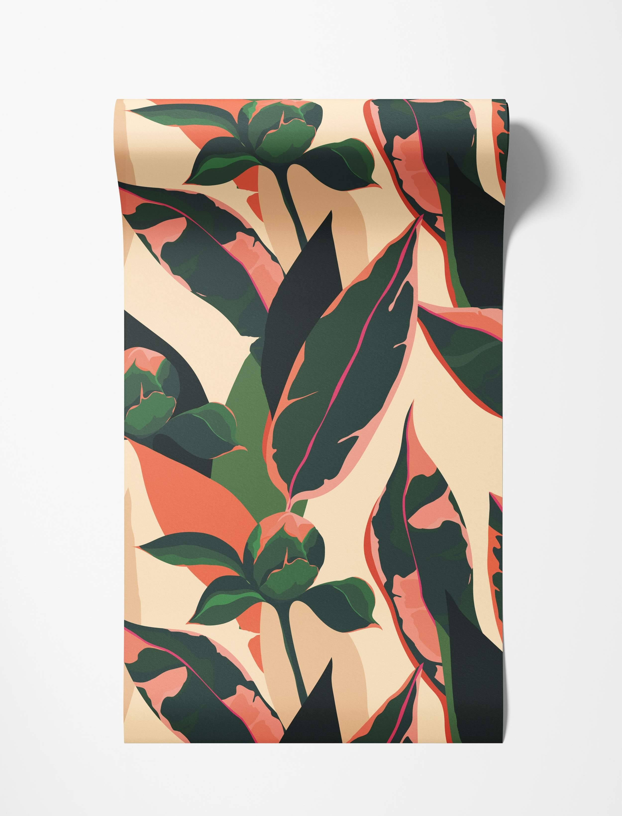 Wallpaper with a bold, abstract floral pattern featuring large dark green and pink leaves against a light peach background.