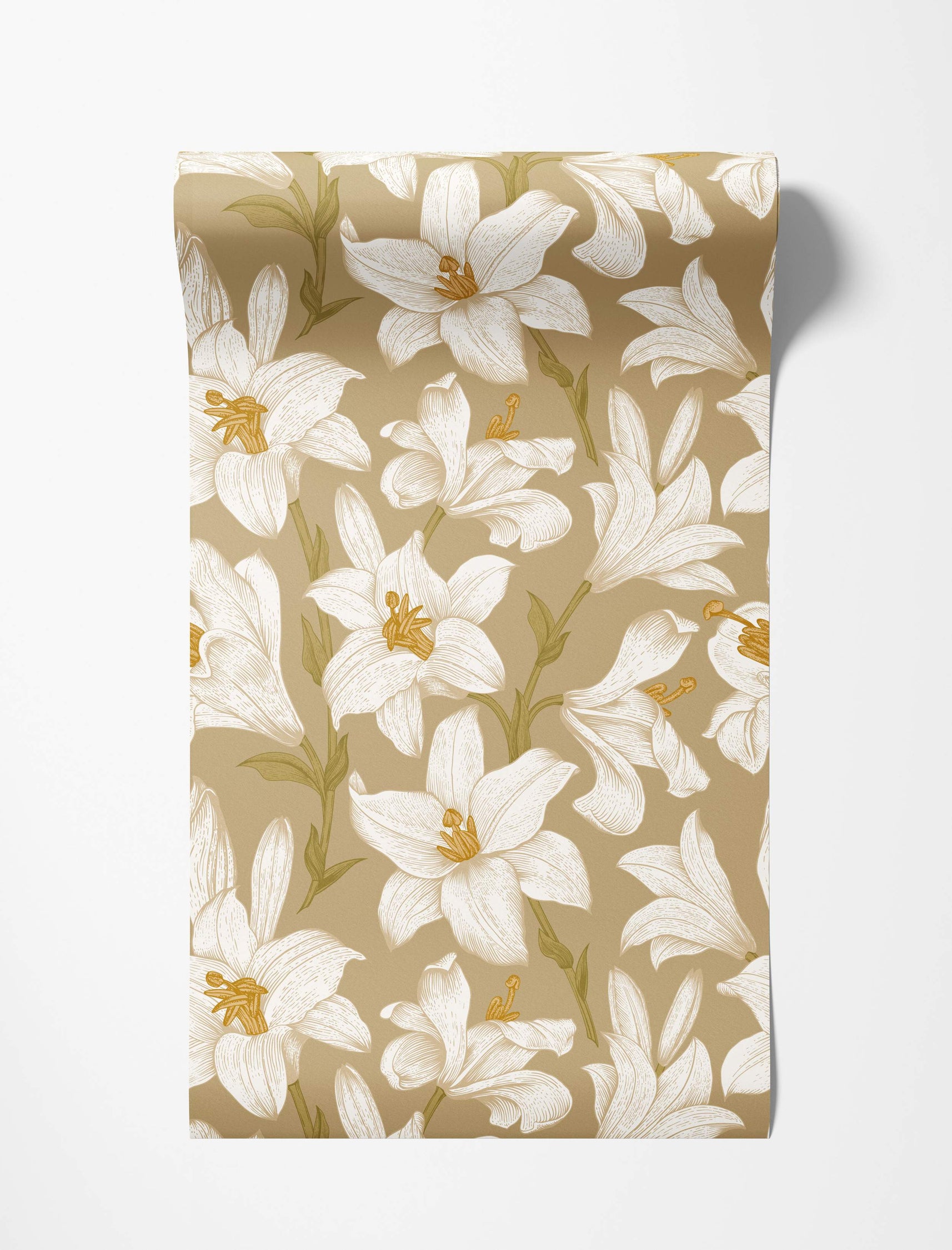 Floral wallpaper showing illustrated white lilies with yellow details and green stems scattered across a beige backdrop.