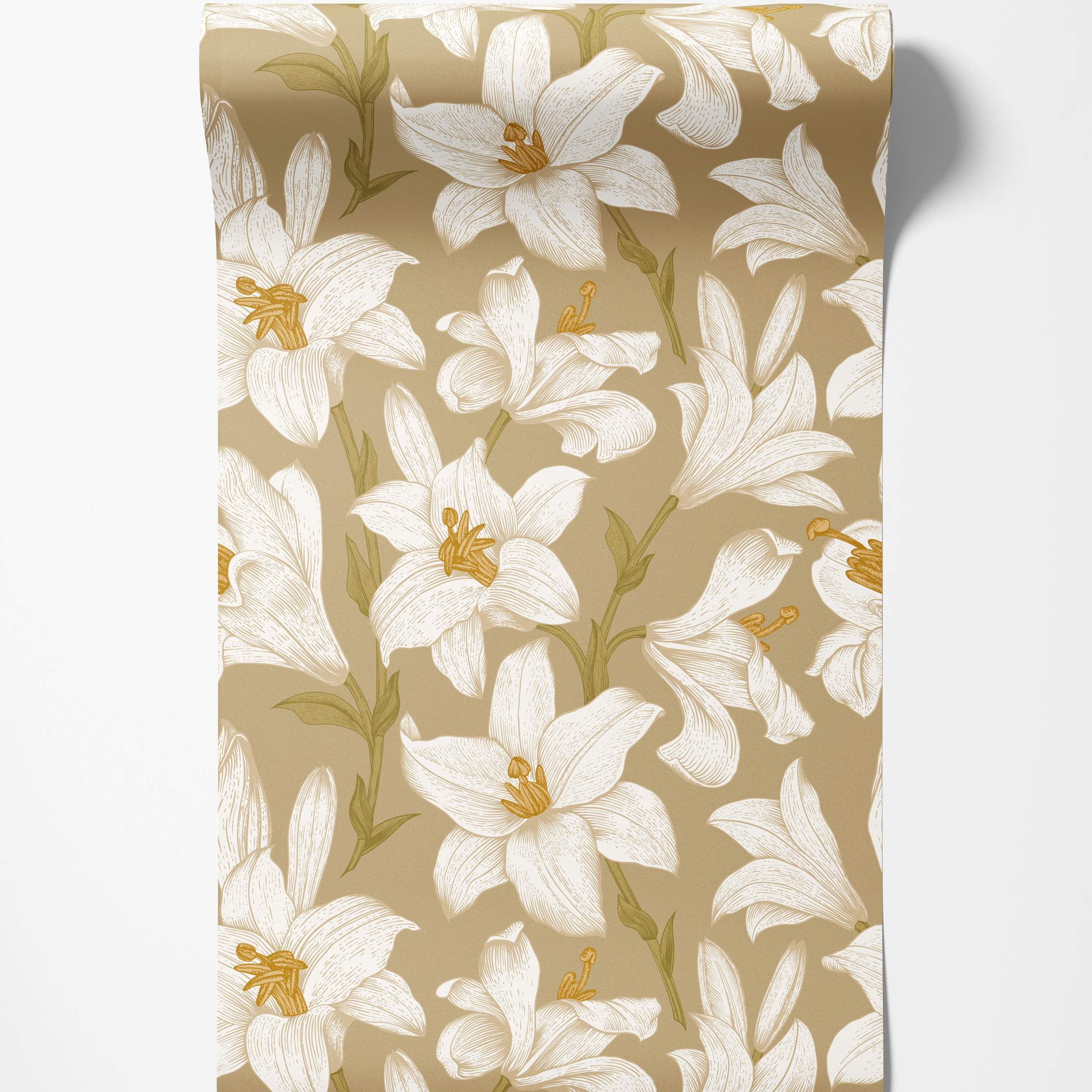 Floral wallpaper showing illustrated white lilies with yellow details and green stems scattered across a beige backdrop.