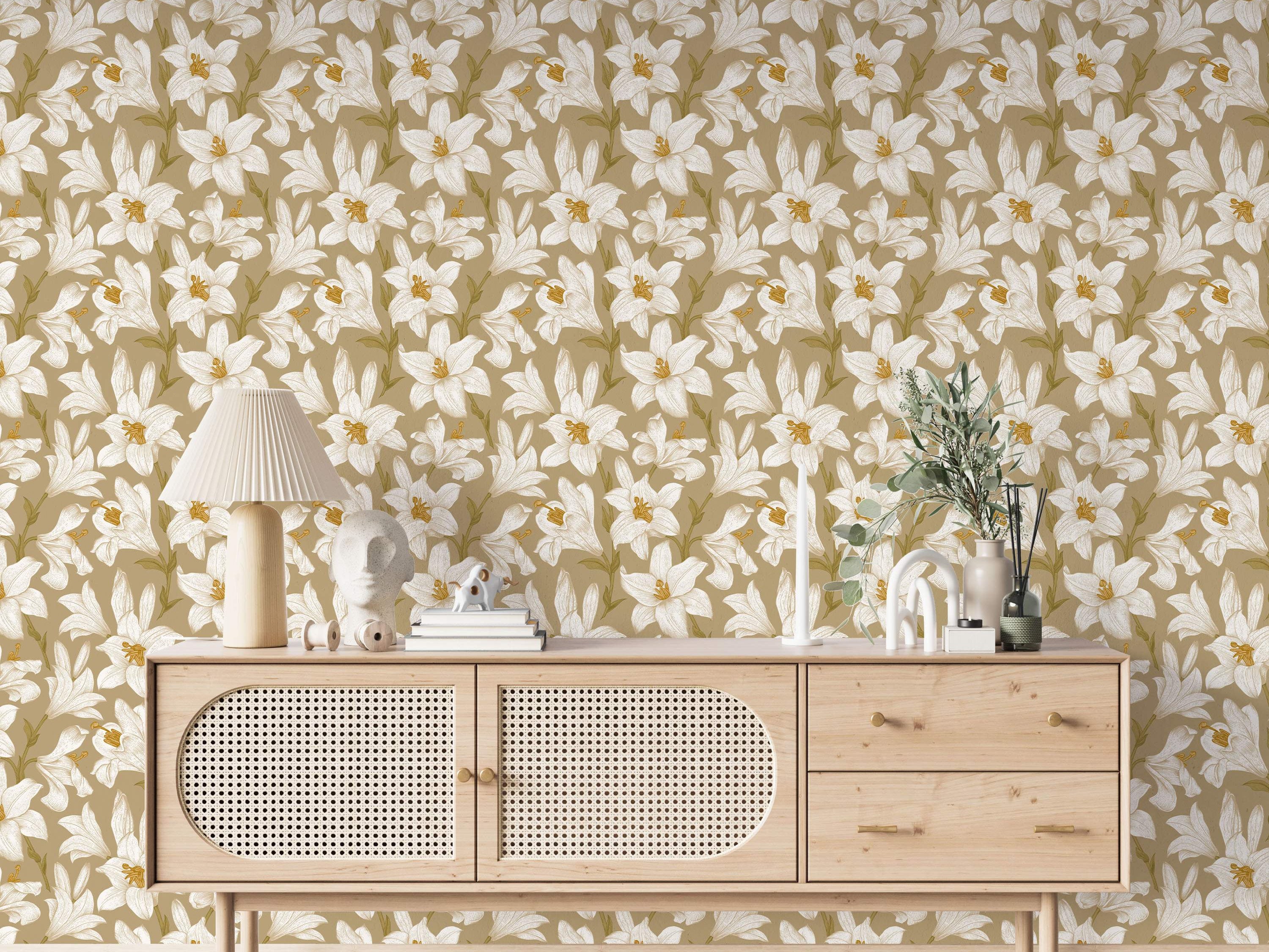 Wallpaper features a repeating pattern of sketched white lilies with yellow stamens and green stems on a muted beige background.
