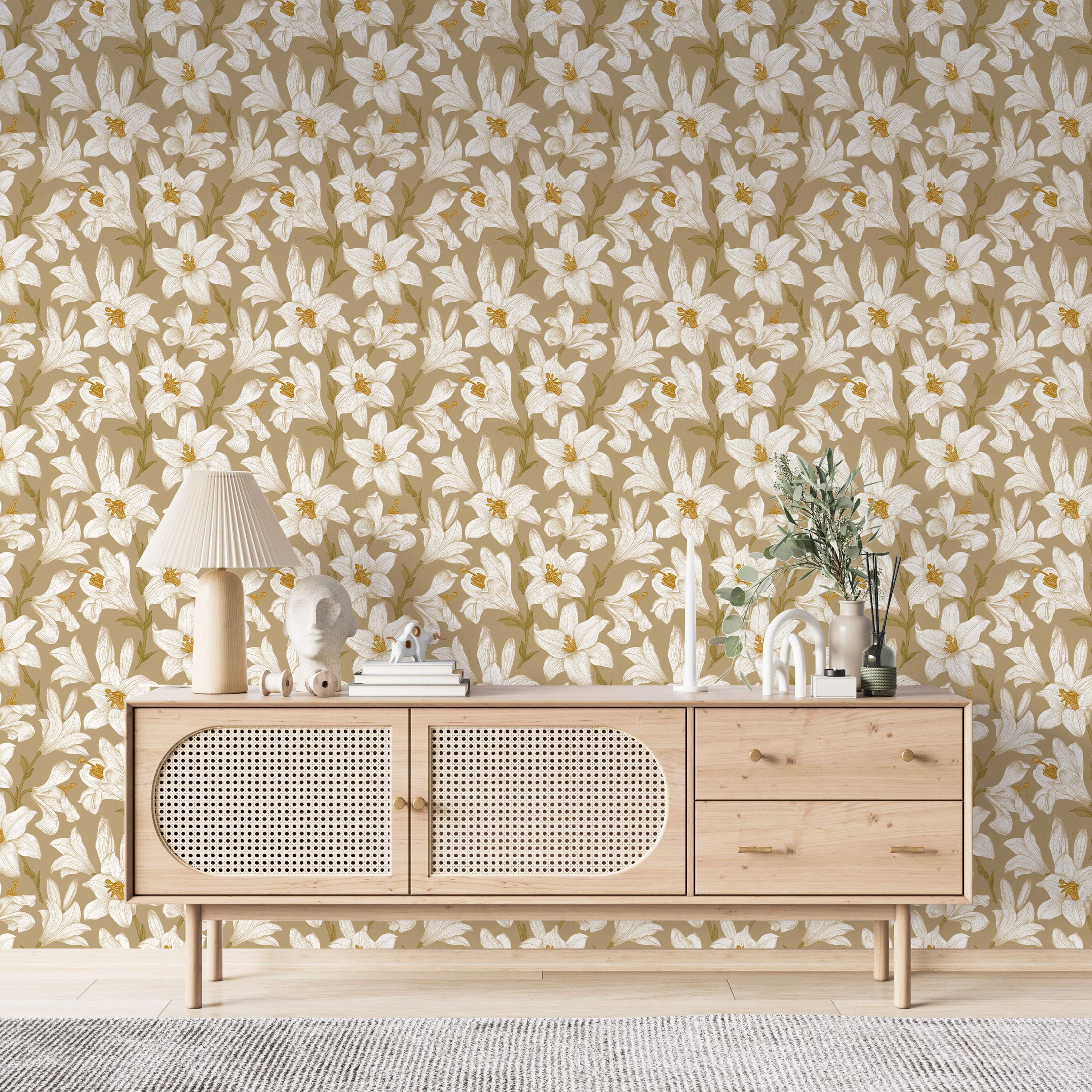 Wallpaper features a repeating pattern of sketched white lilies with yellow stamens and green stems on a muted beige background.