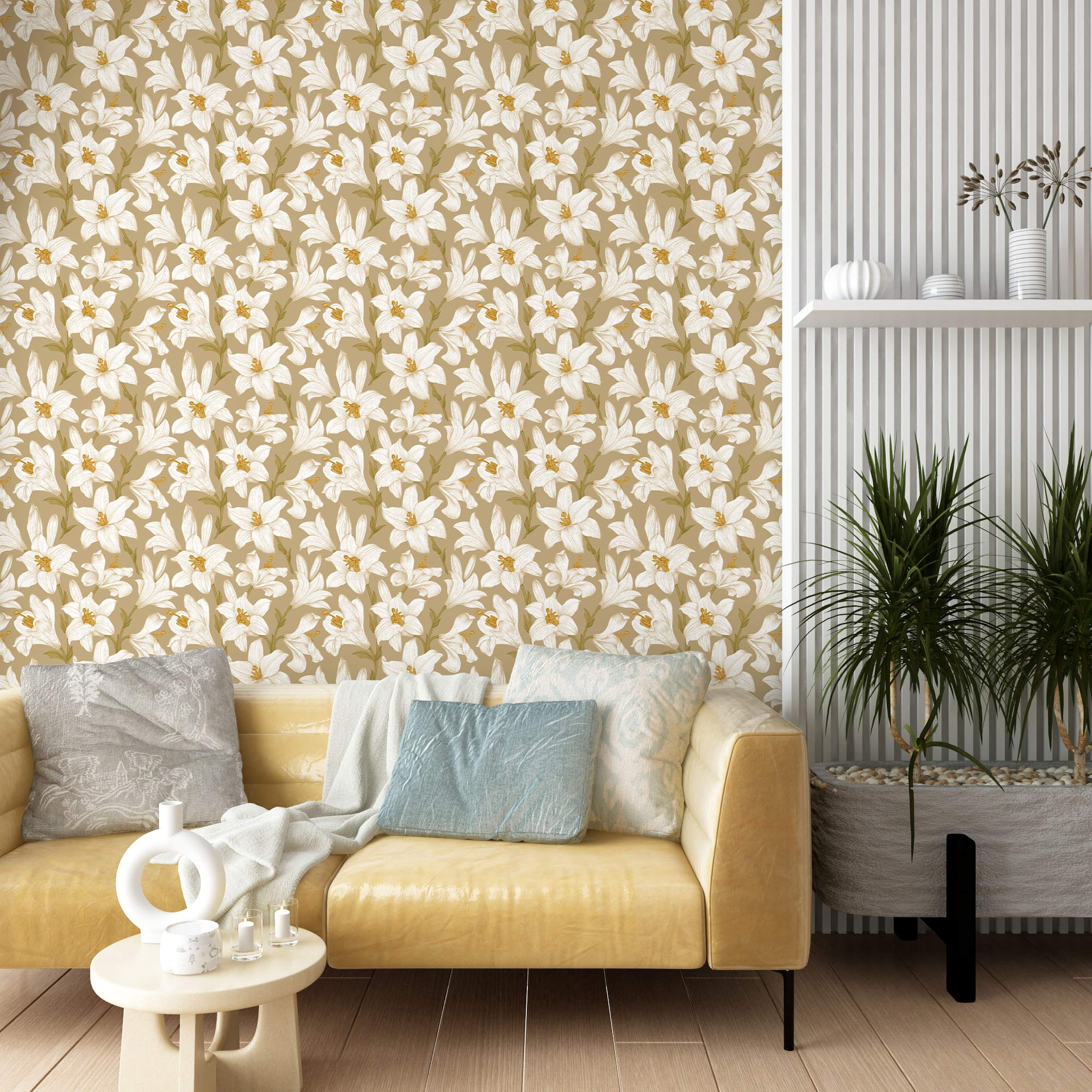 Repeating wallpaper pattern featuring illustrated white lilies with yellow centers and green stems on a neutral beige background.