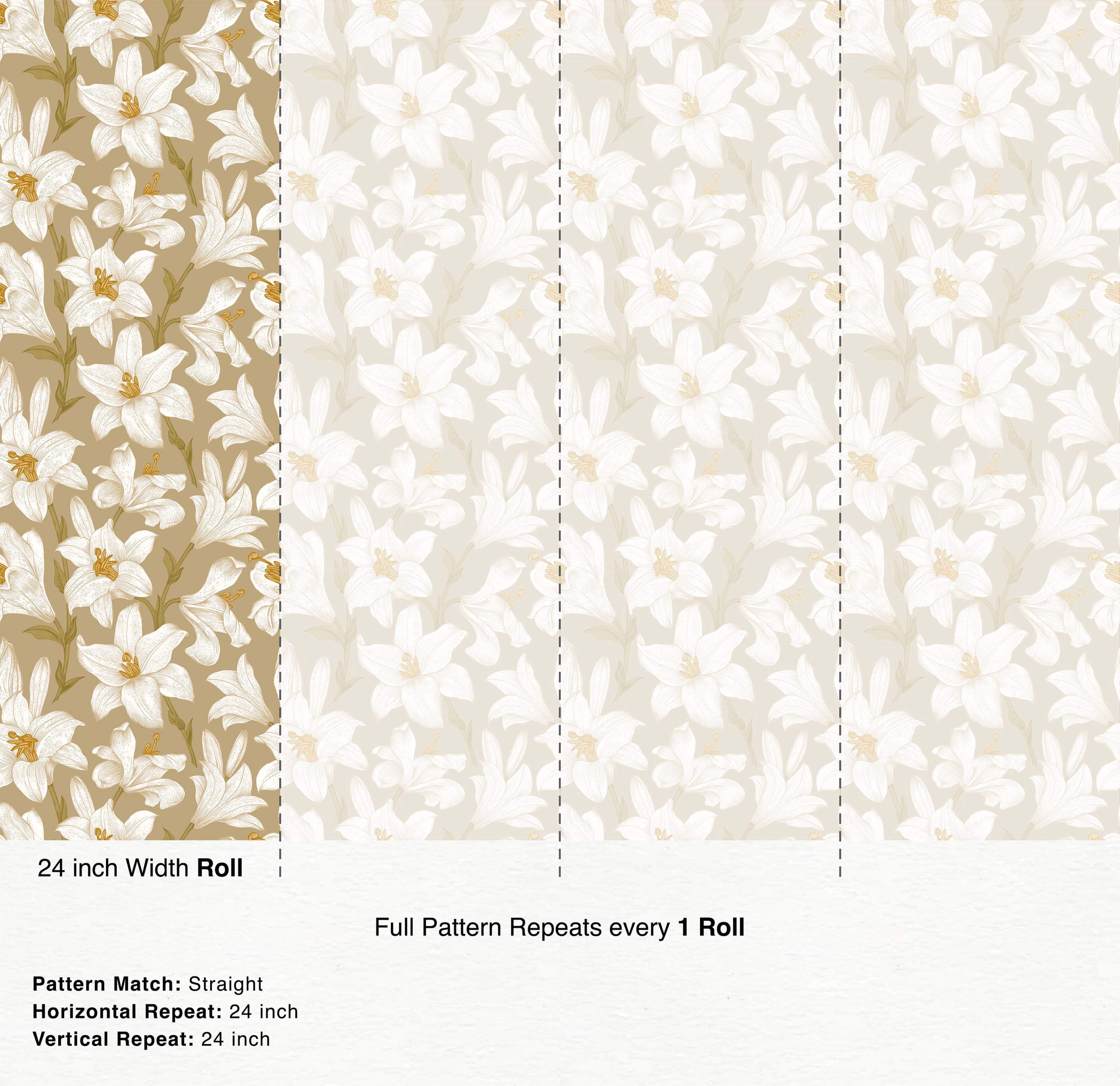 Illustrated white lily floral wallpaper with gold accents and green stems on a beige background.