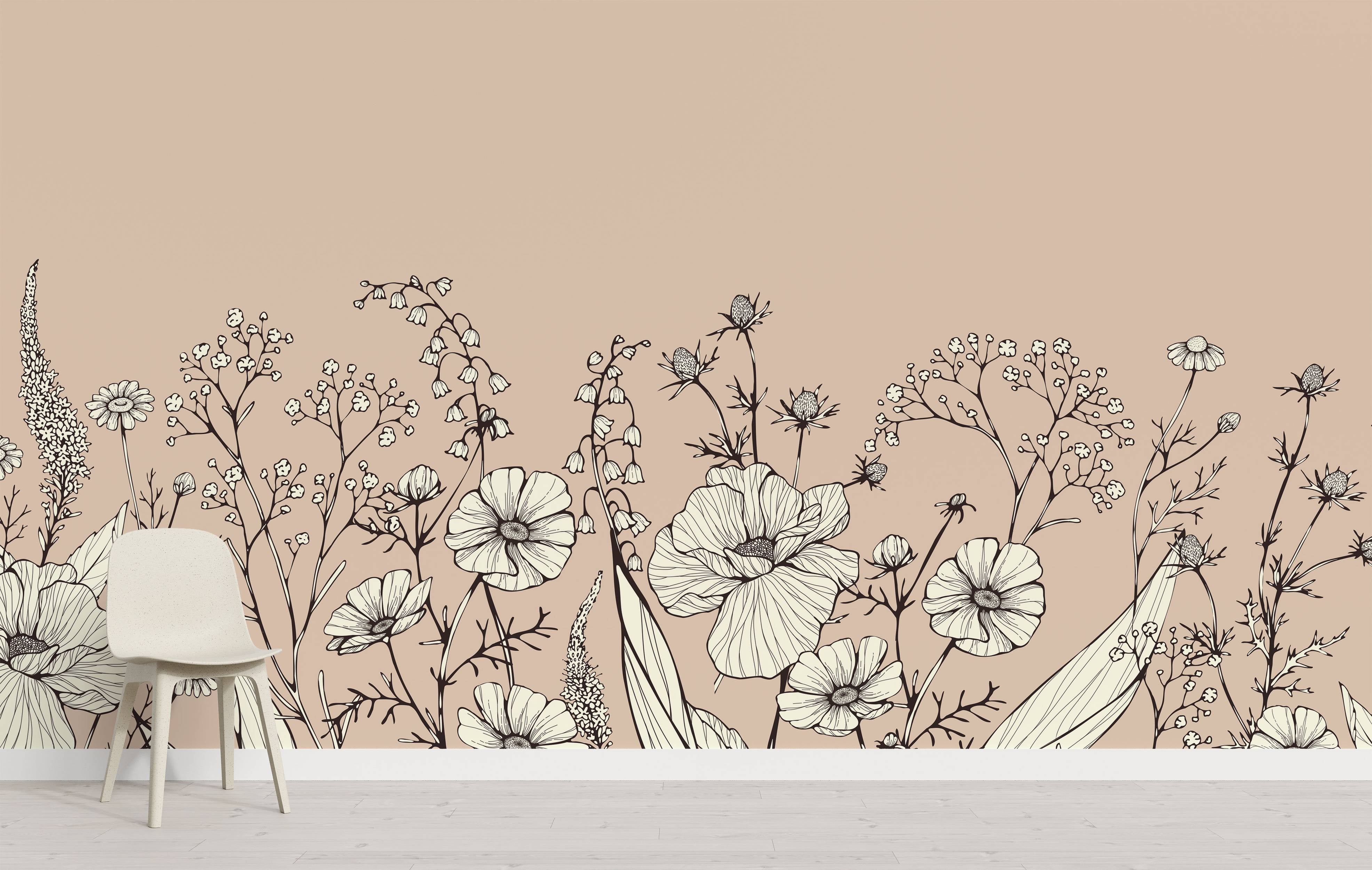 Line art mural of cream and black wildflowers, including daisies and poppies, on a pale beige background.
