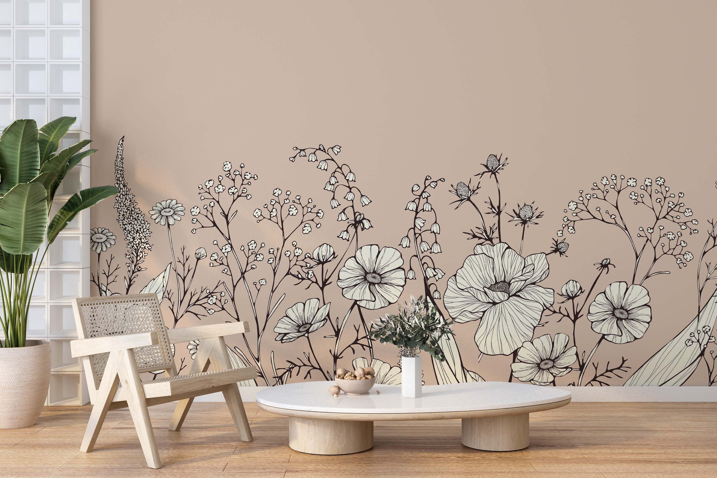 Beige mural with a delicate line art drawing of various wildflowers in black and cream.