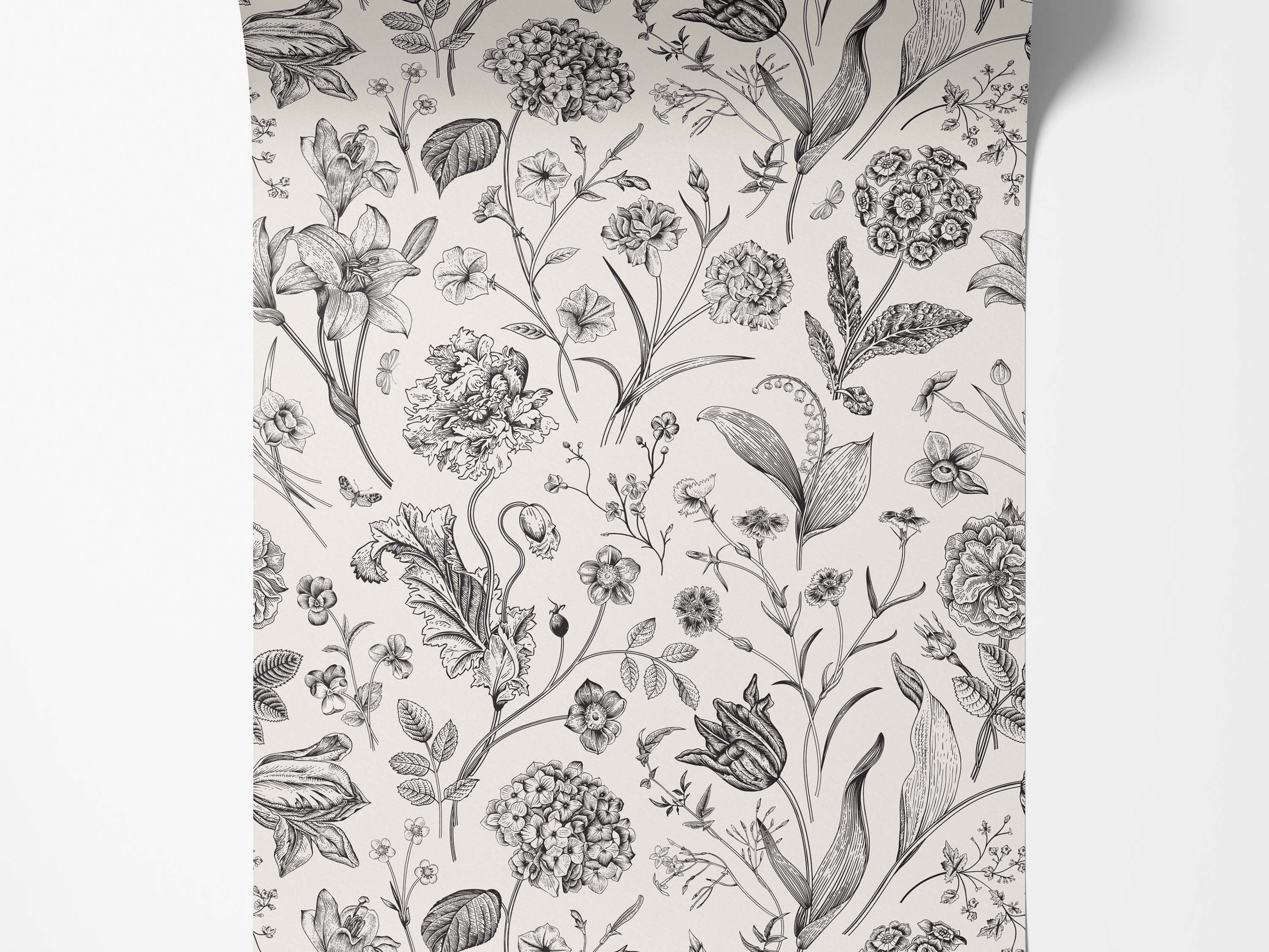 Black and white botanical line art wallpaper featuring various flowers, leaves, and butterflies on a light cream background.