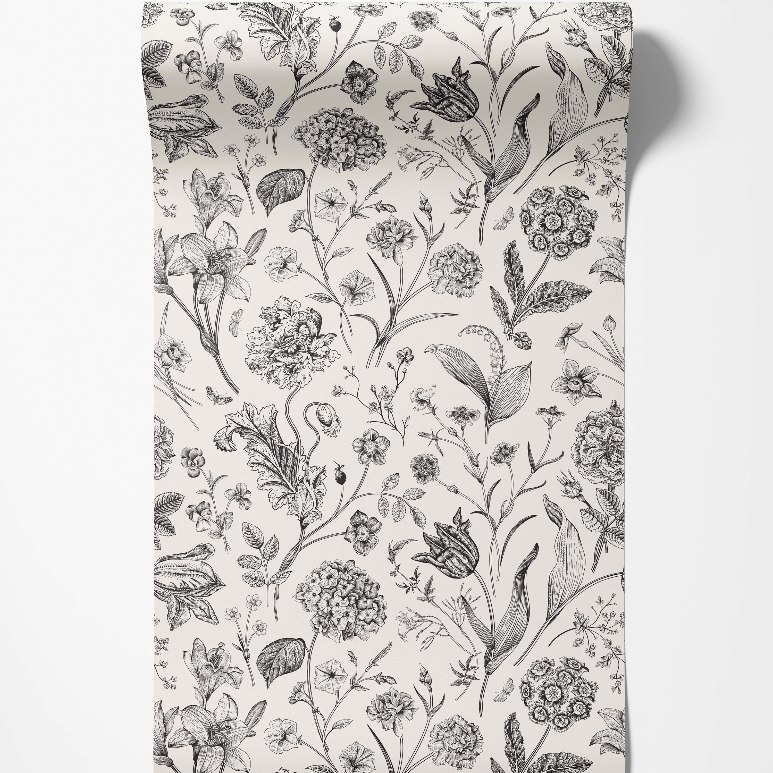 Black and white botanical line art wallpaper featuring various flowers, leaves, and butterflies on a light cream background.