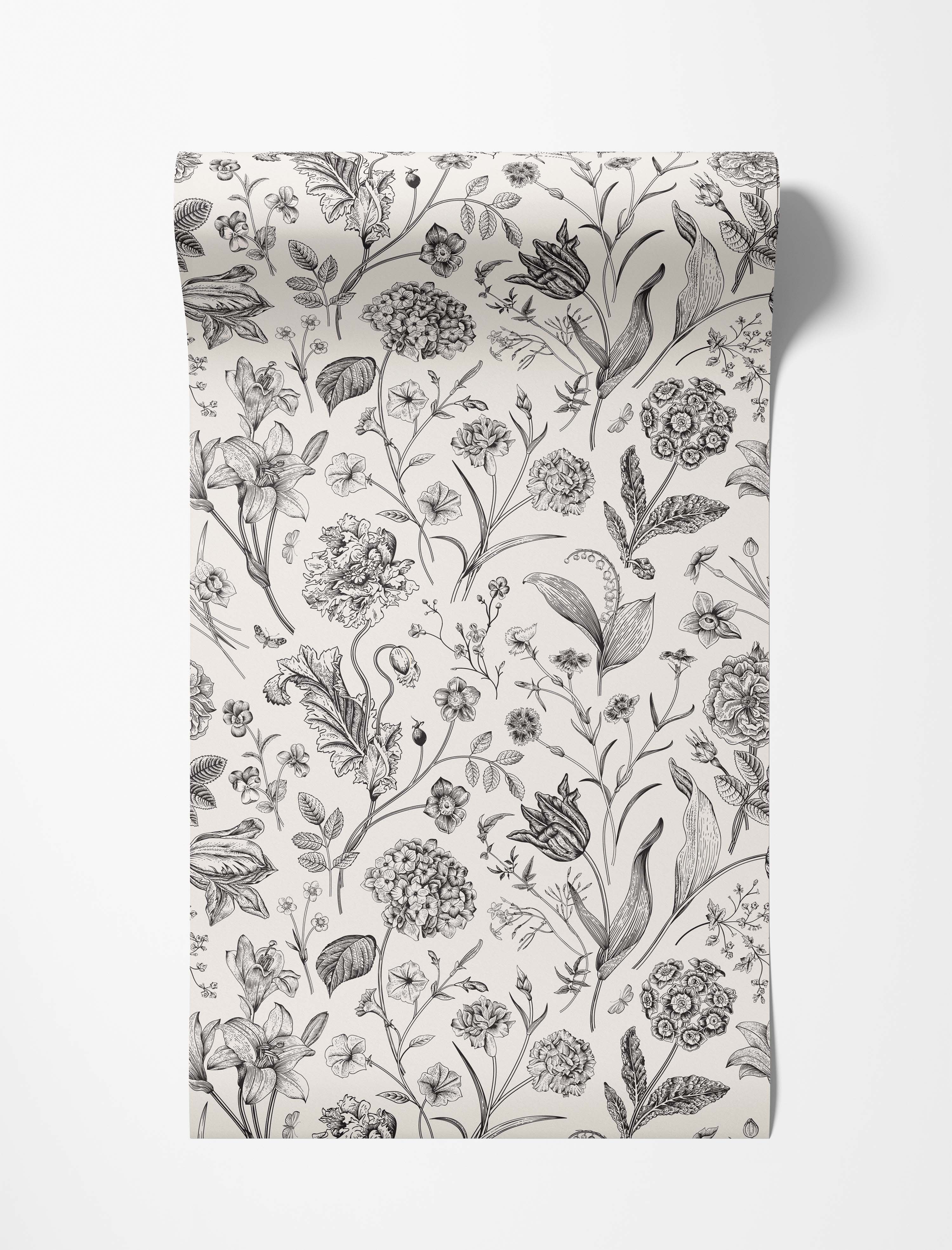 Black and white botanical line art wallpaper featuring various flowers, leaves, and butterflies on a light cream background.