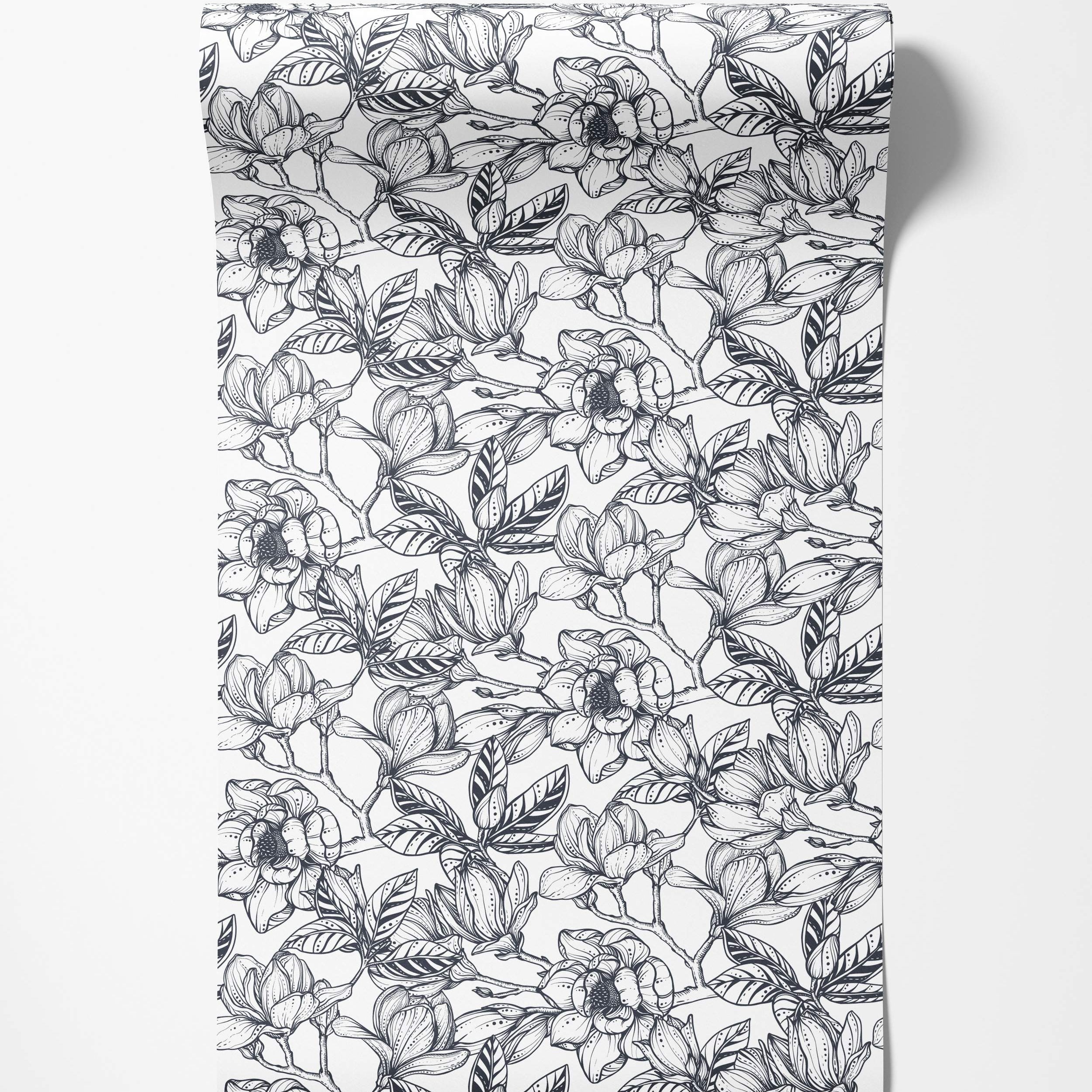 Monochrome wallpaper featuring a detailed black line art pattern of magnolia flowers and leaves on a white background.