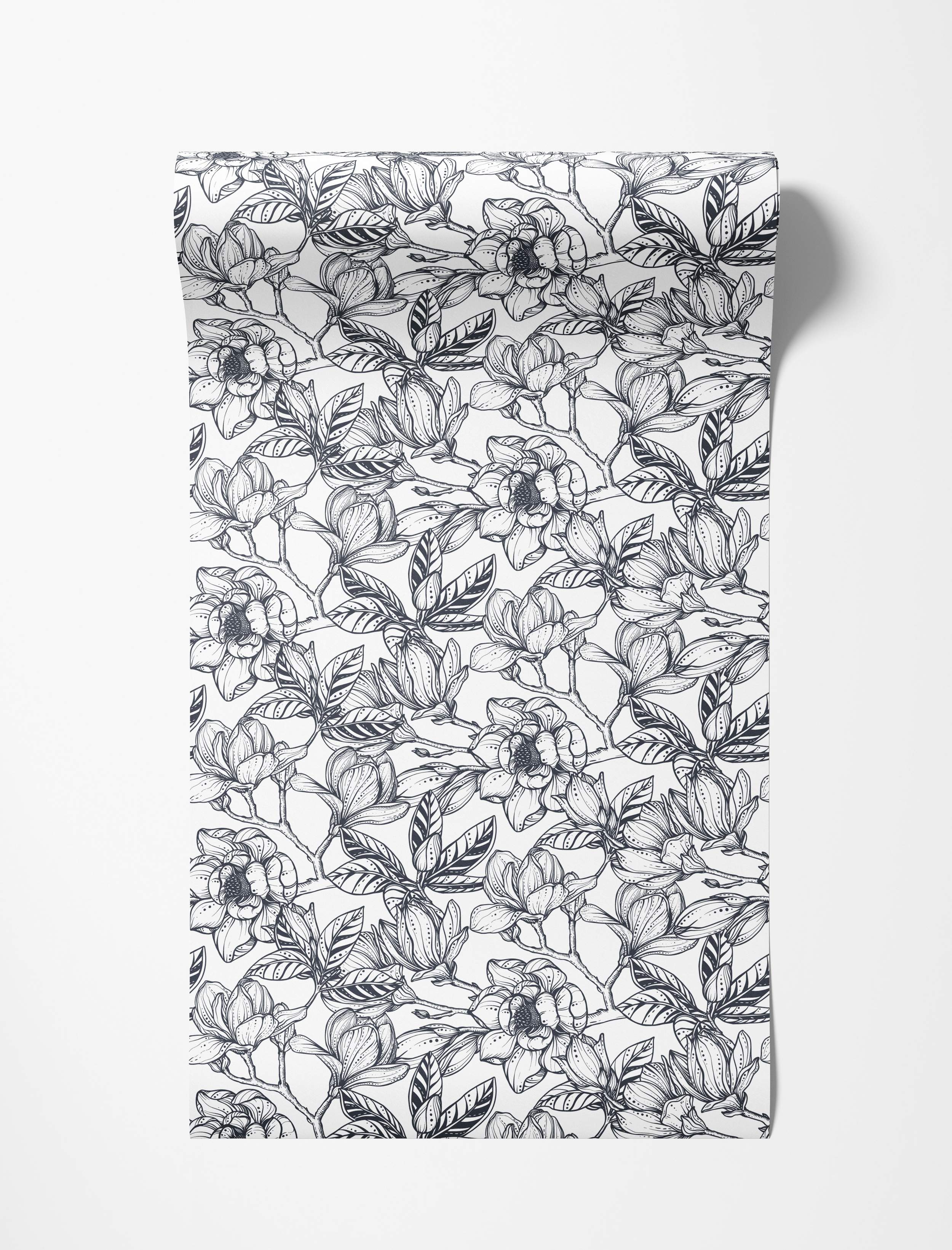 Monochrome wallpaper featuring a detailed black line art pattern of magnolia flowers and leaves on a white background.